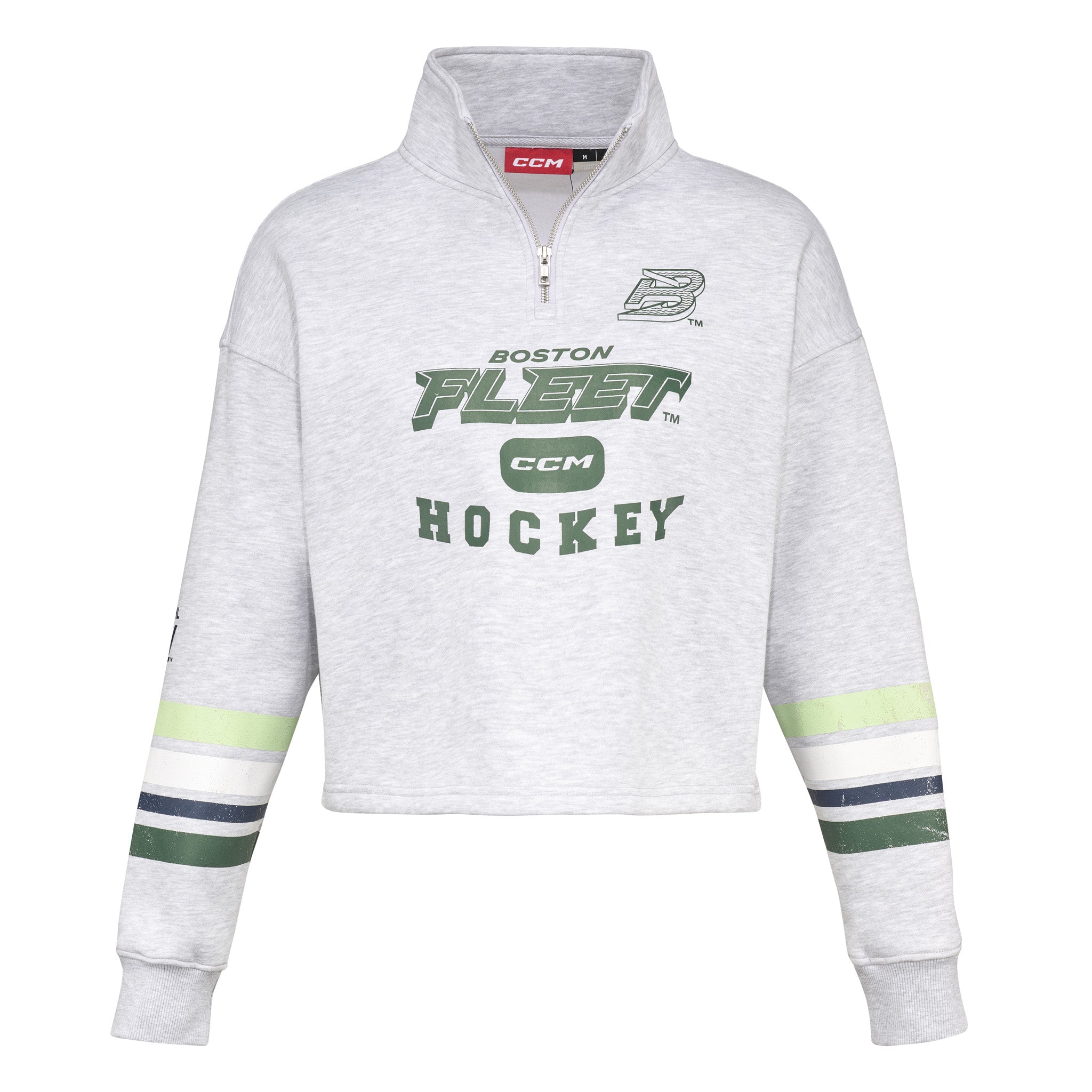 Gray hoodie with Boston Fleet Hockey branding on a white background