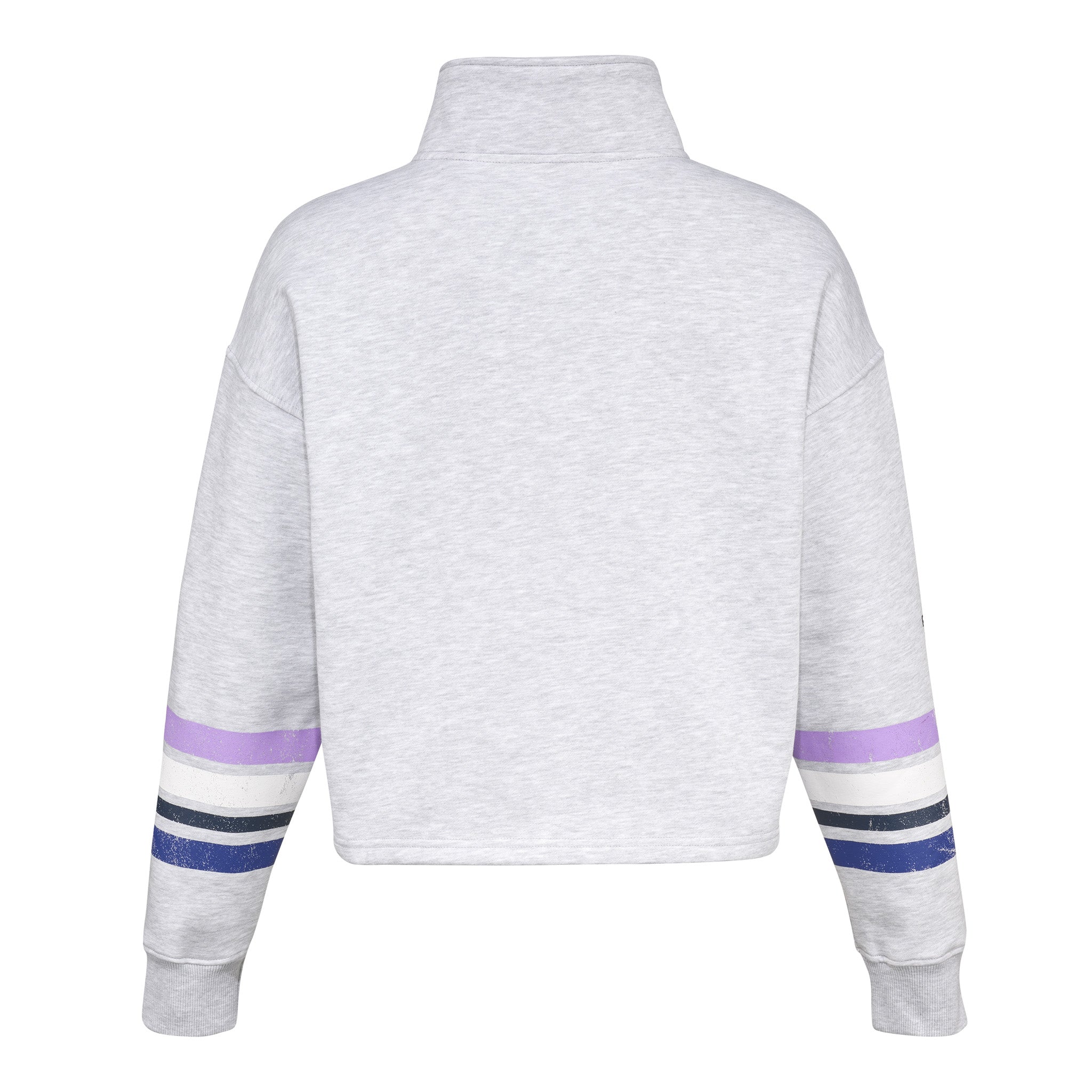 Gray sweatshirt with purple and blue striped sleeves on a white background