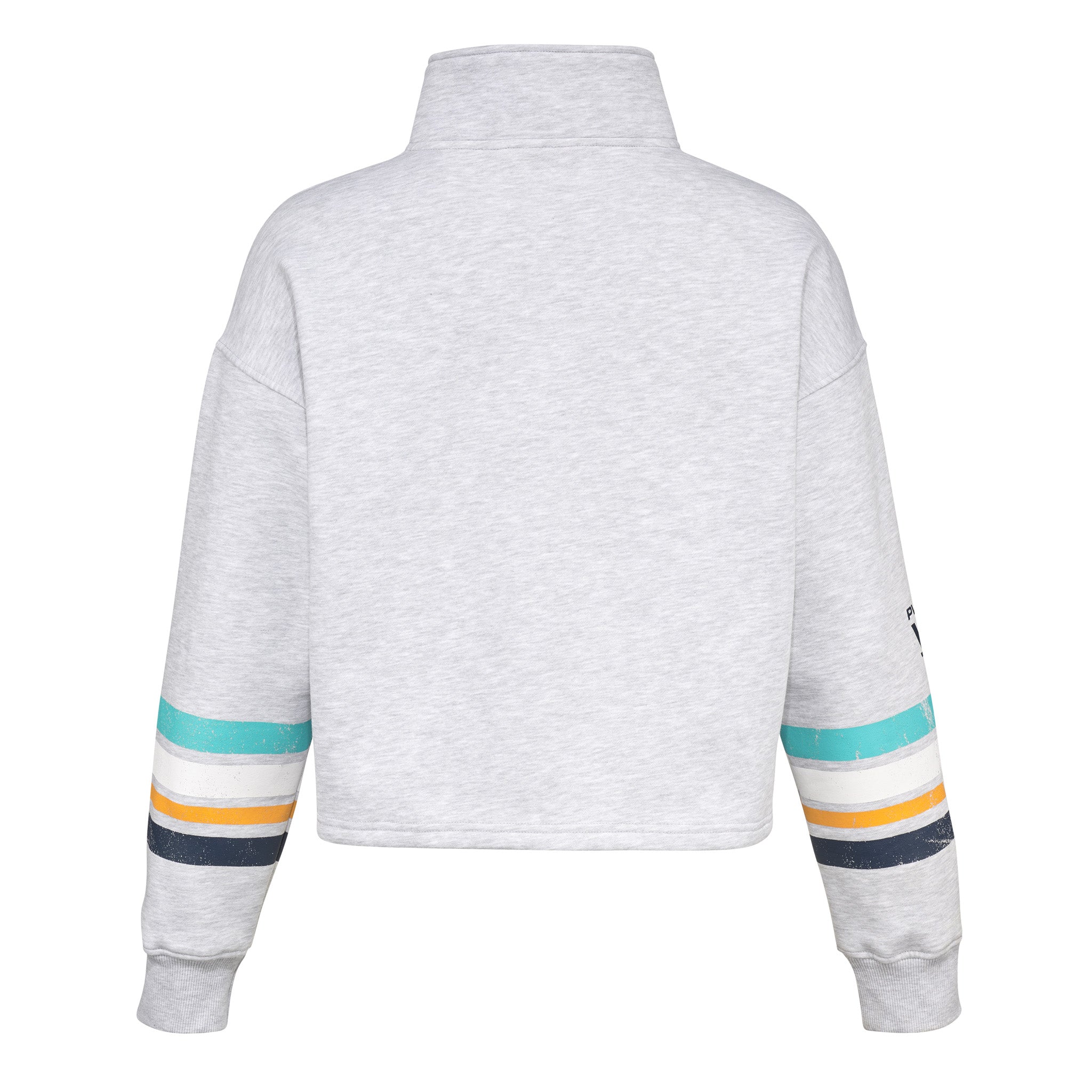 Gray sweatshirt with colorful stripes on sleeves against a white background
