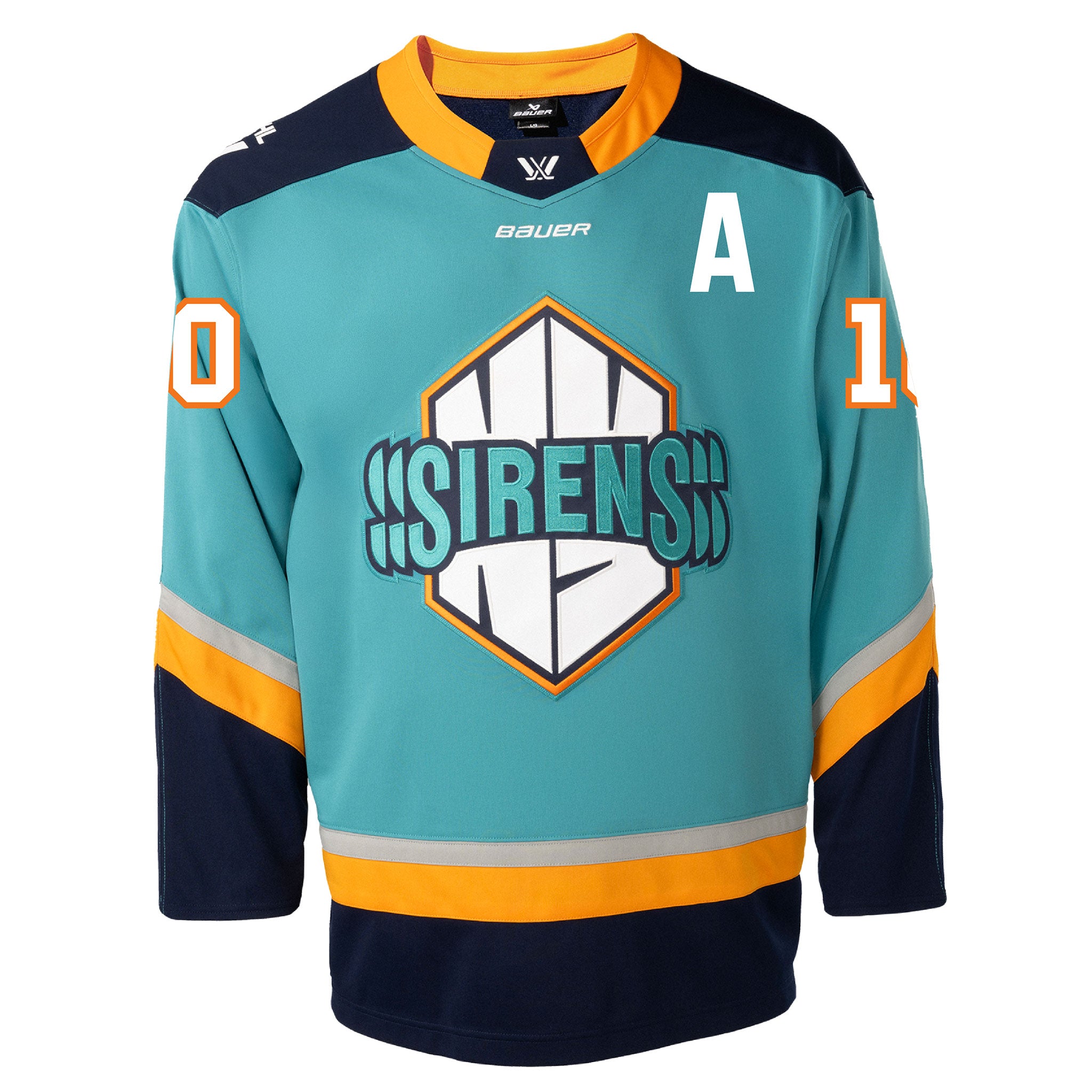 Hockey jersey with 'Sirens' logo and brand on a white background