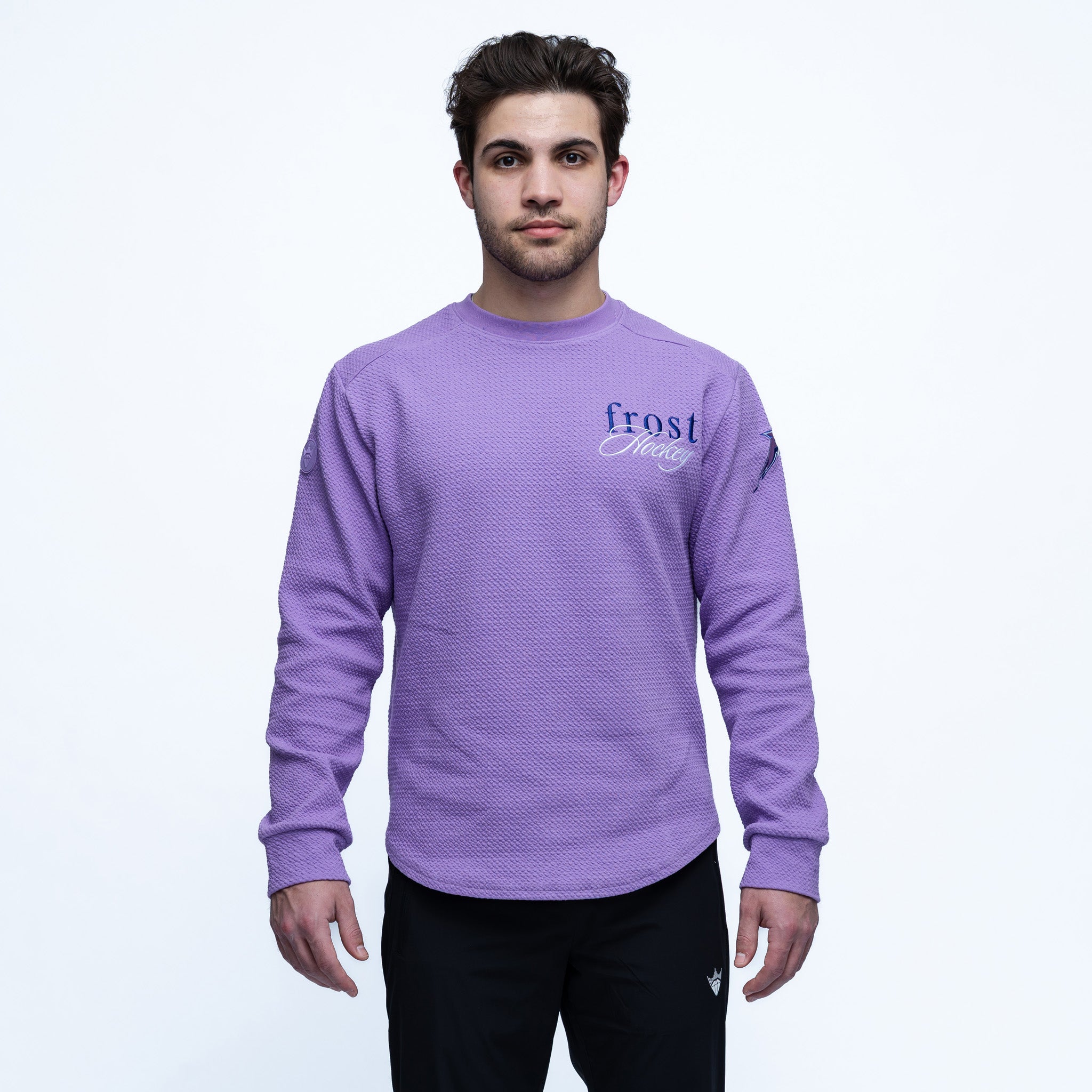 Man wearing a purple long-sleeve shirt with a brand logo on a white background