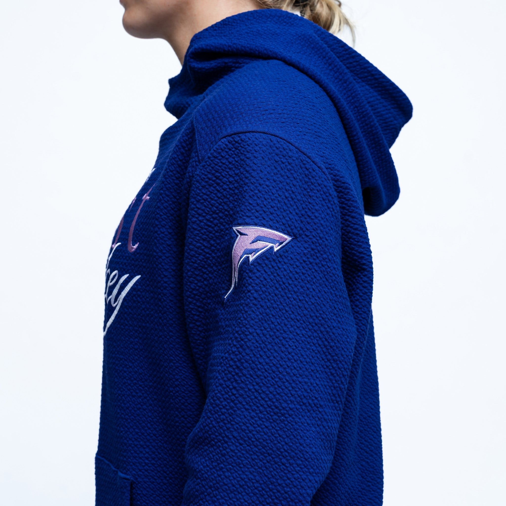 Blue hoodie with a logo on the sleeve against a white background