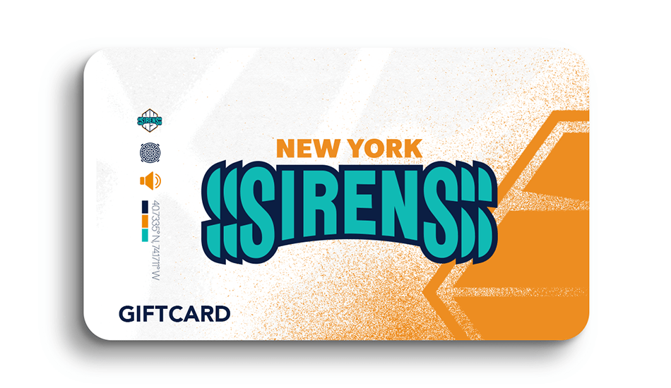 Gift card with 'New York Sirens' branding on a white background