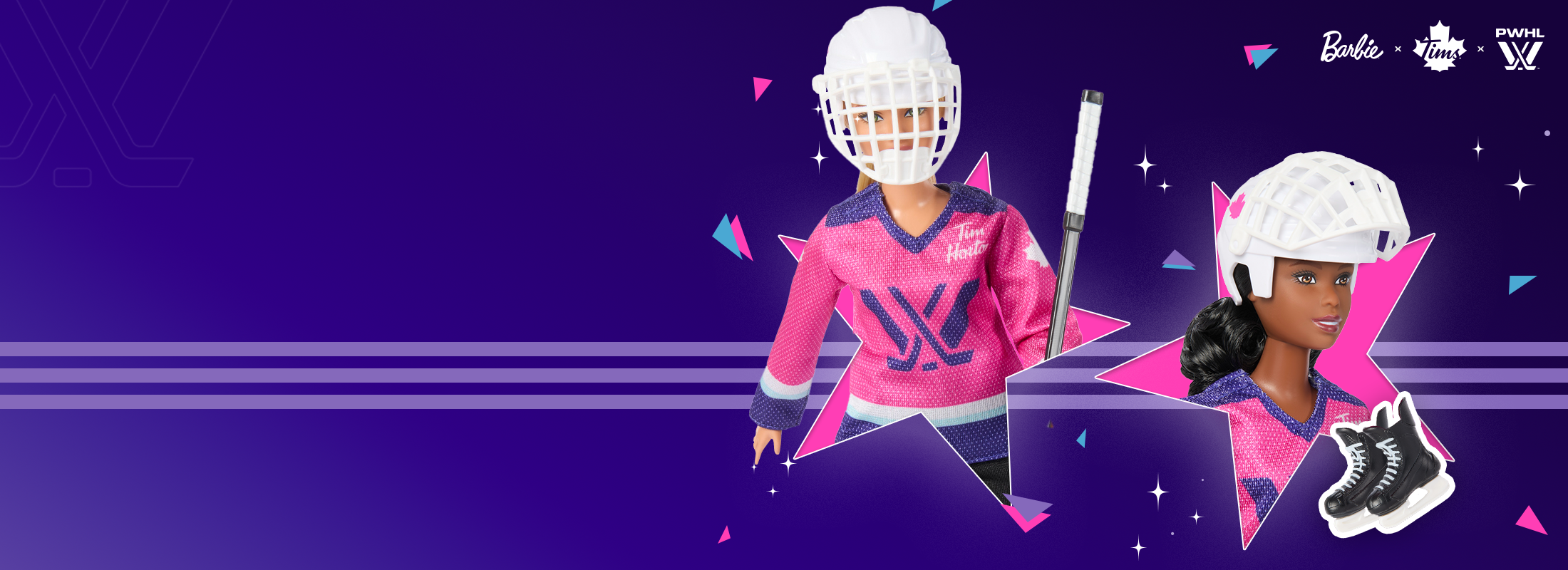 Two dolls in hockey gear on a purple background with sports logos.