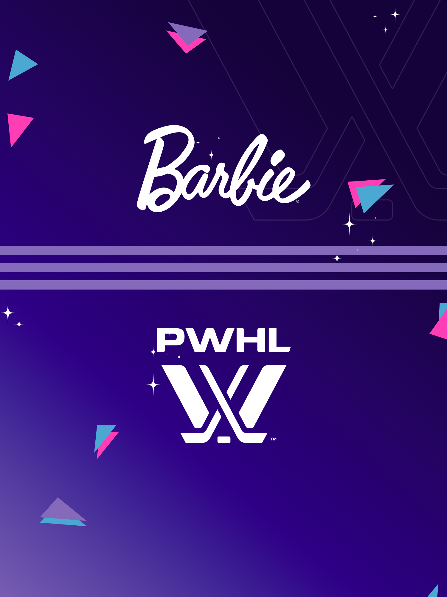 Barbie and PWHL logos on a purple background with geometric shapes