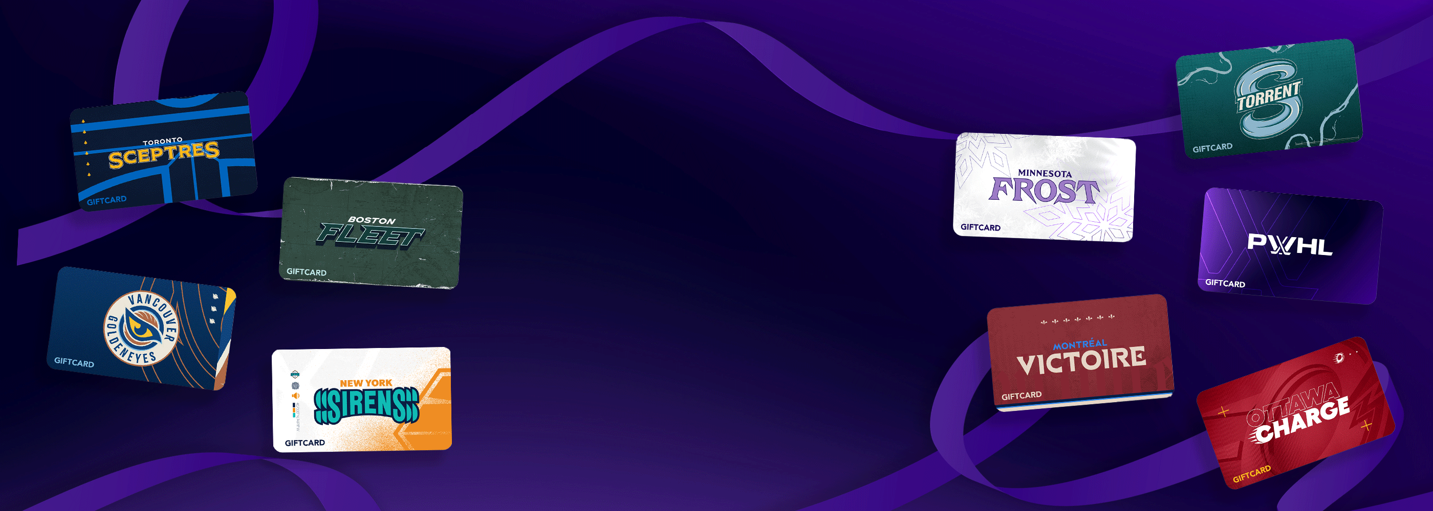 Collection of various gift card designs on a purple background