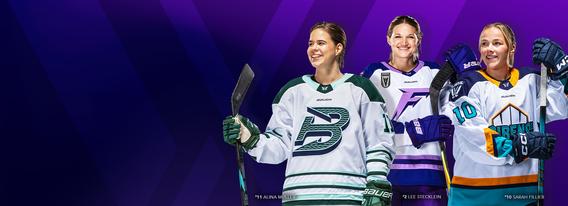 Three PWHL players wearing their hockey jerseys with a prominent a purple background