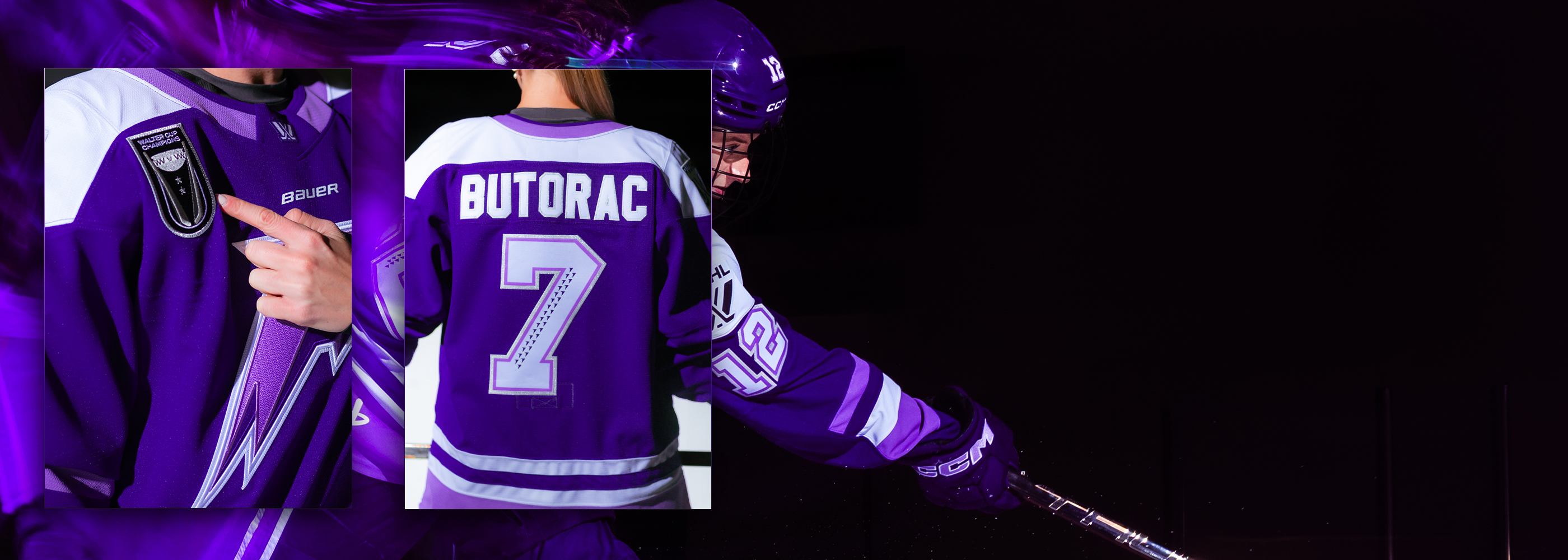 Person wearing a purple hockey jersey with 'BUTORAC' and number '7' on a black background