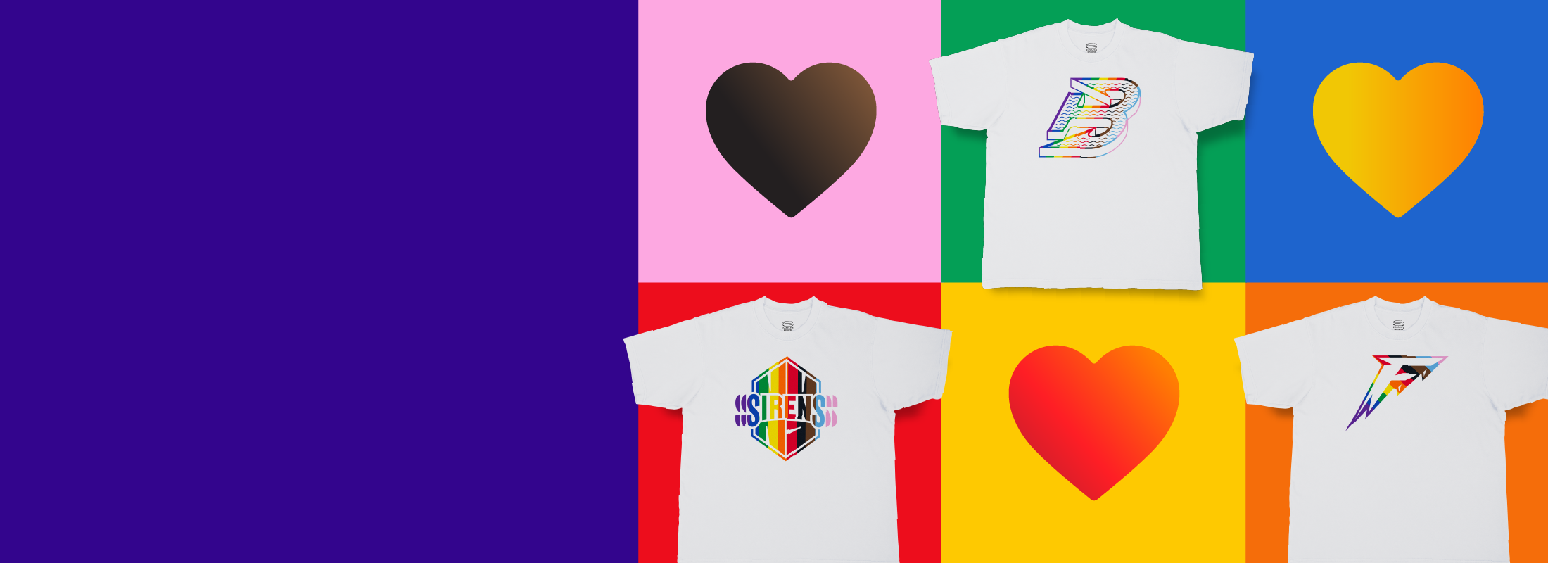 Collage of t-shirts with colorful designs on a multicolored background