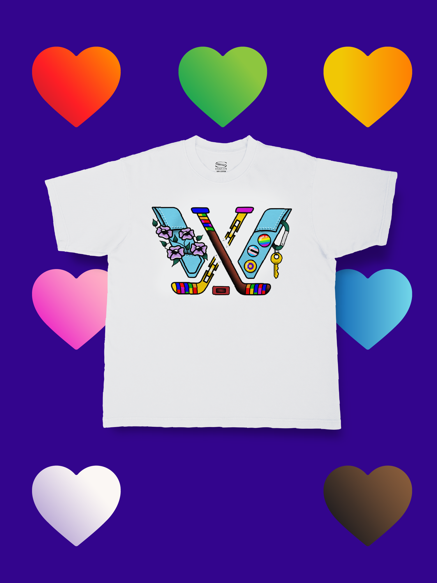 White t-shirt with colorful design on a blue background with heart shapes