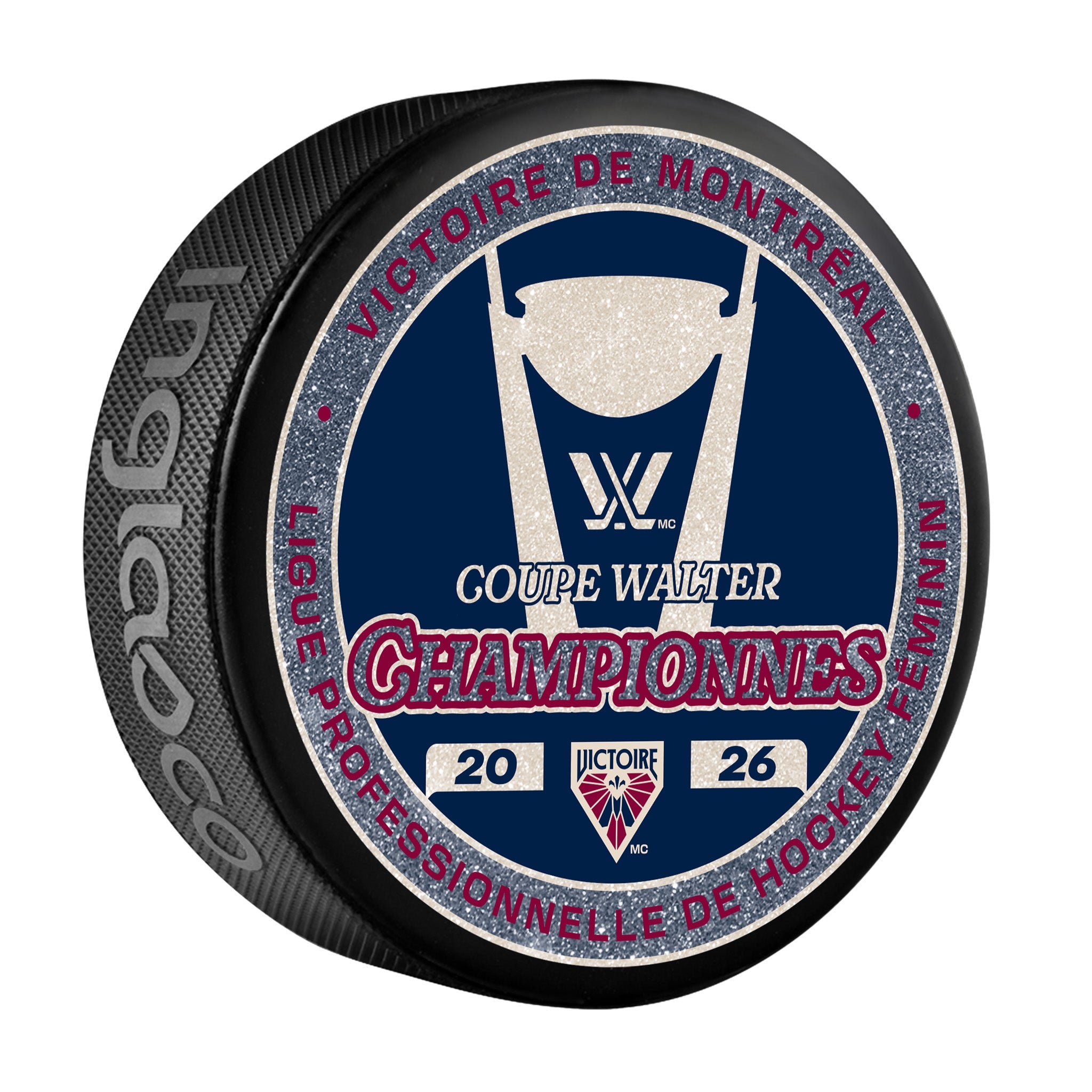 Hockey puck with branding and text on a white background