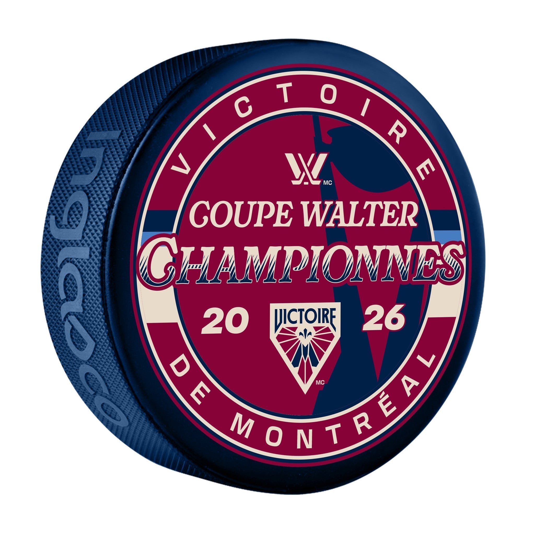 Hockey puck with 'Coupe Walter Championnes' text and branding on a white background