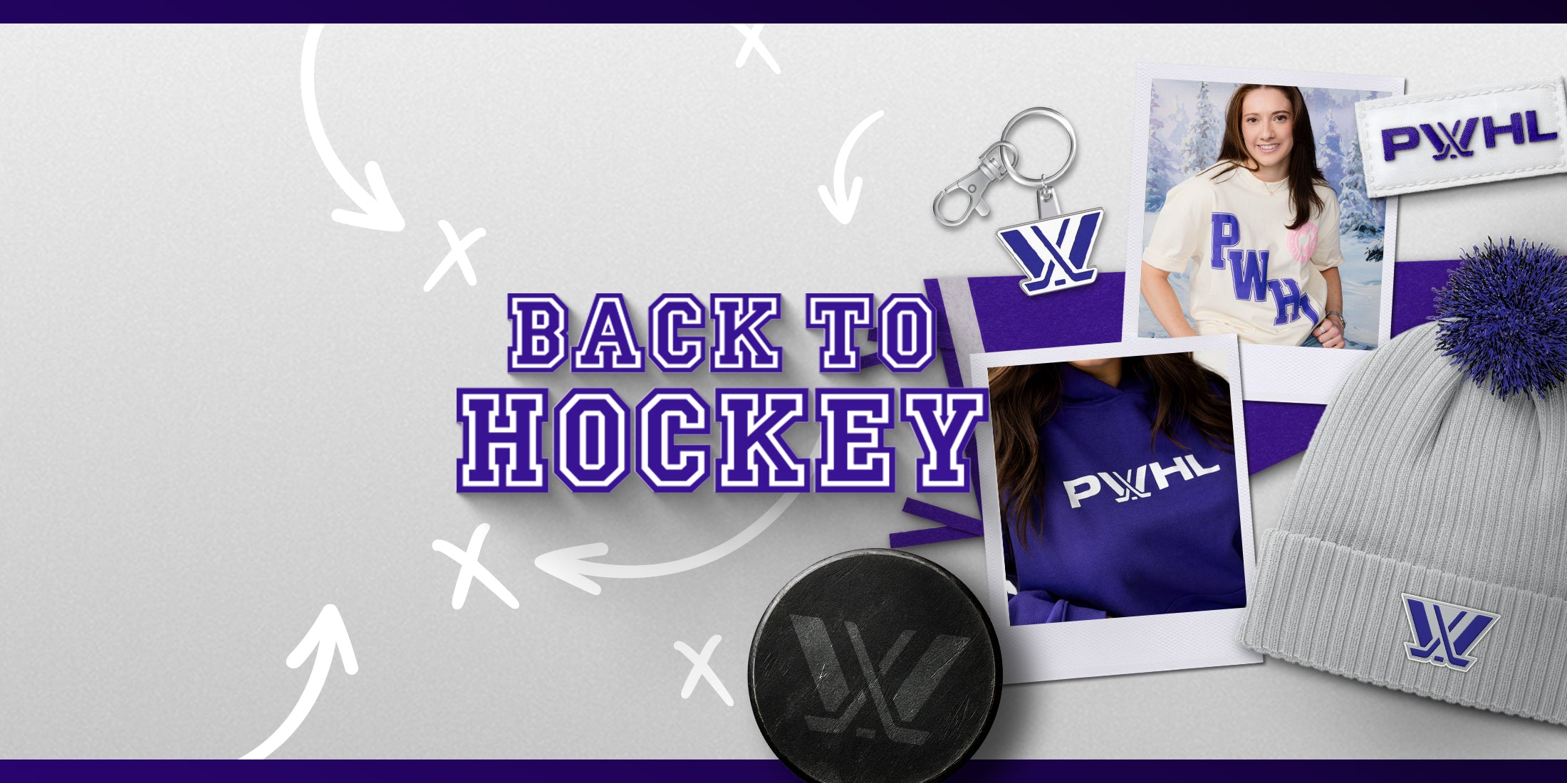Hockey-themed merchandise with 'Back to Hockey' text, including a hat, keychain, and photo frame with PWHL branding.