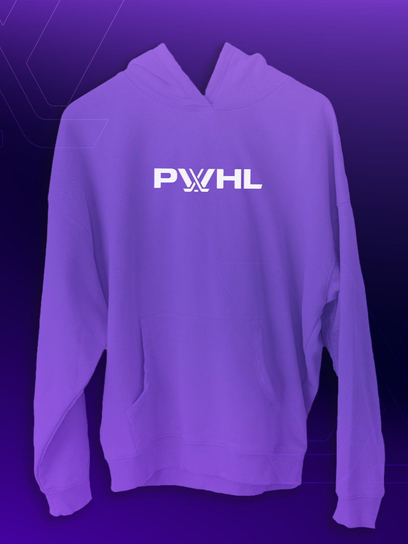 Purple hoodie with 'PWHL' logo on a purple background