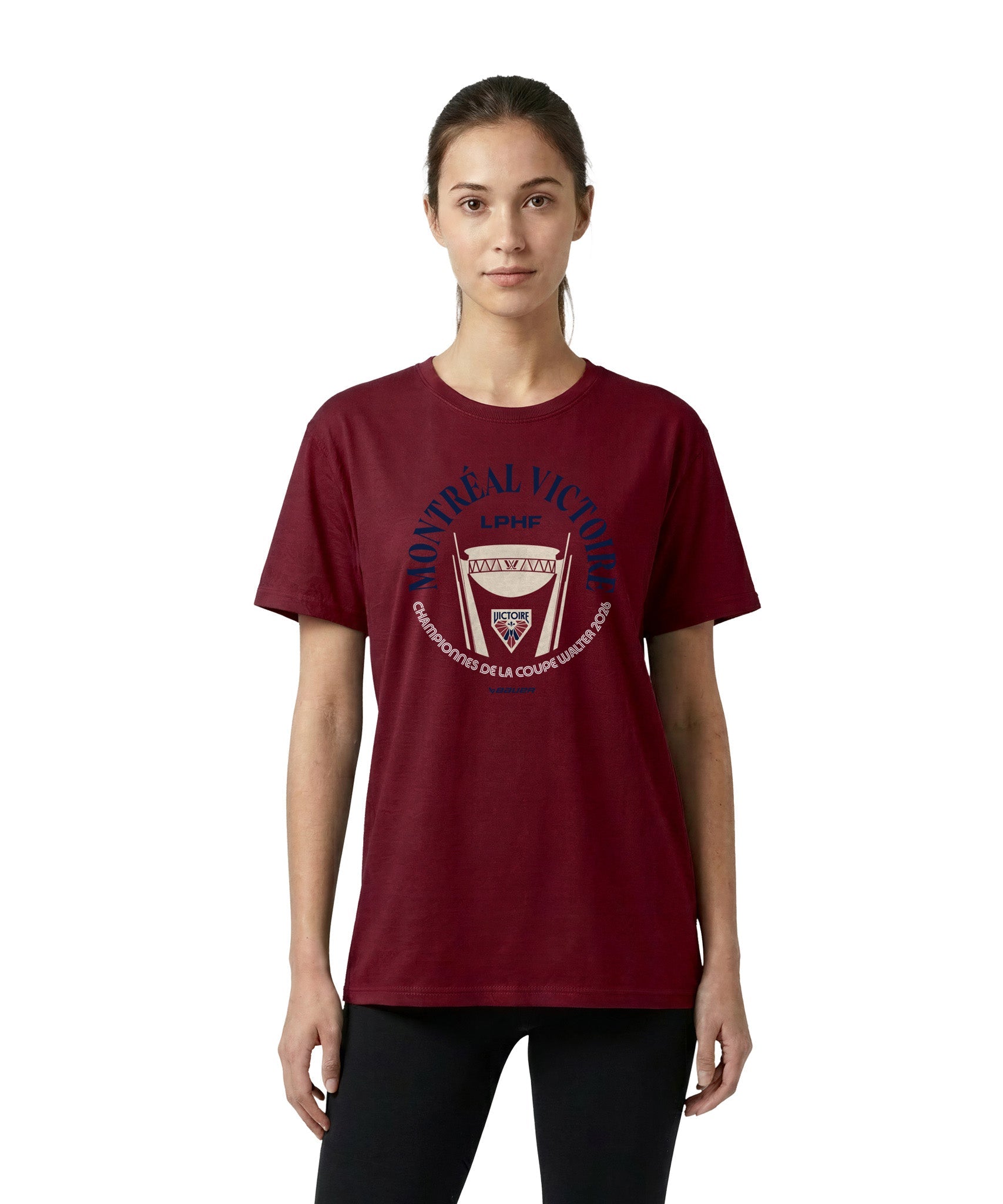 Person wearing a maroon t-shirt with a logo on a white background