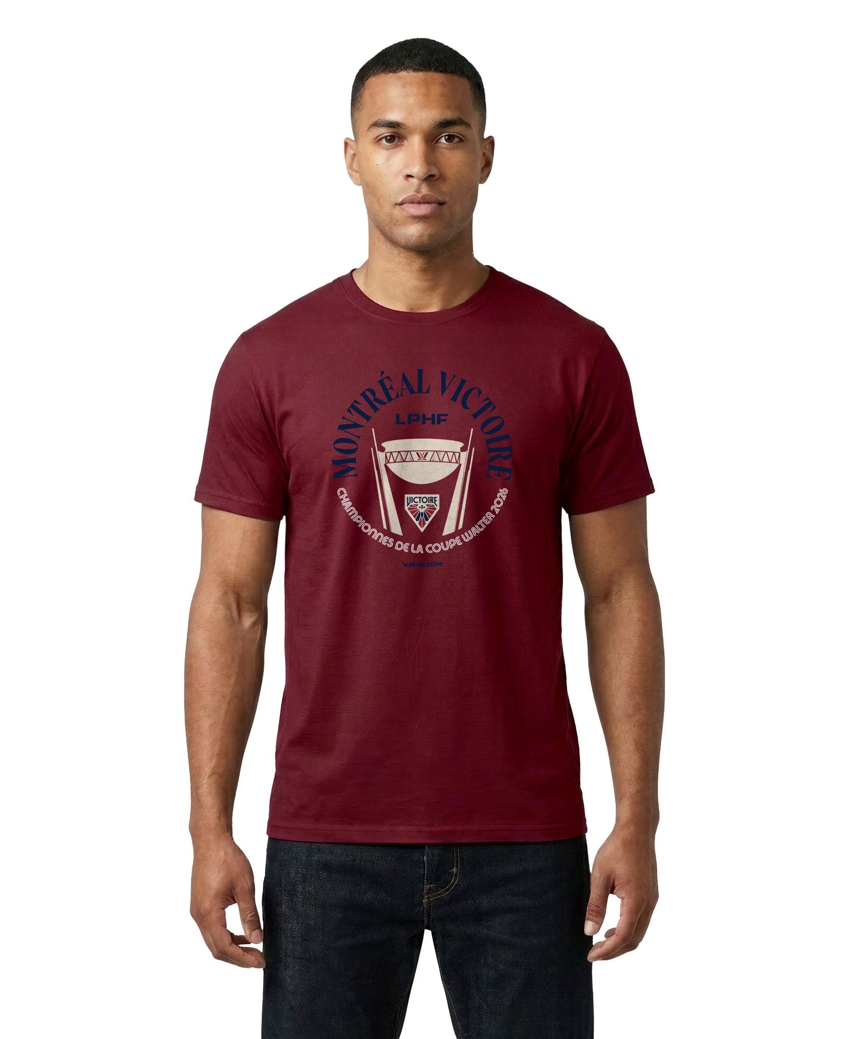 Man wearing a maroon t-shirt with a graphic design on a white background