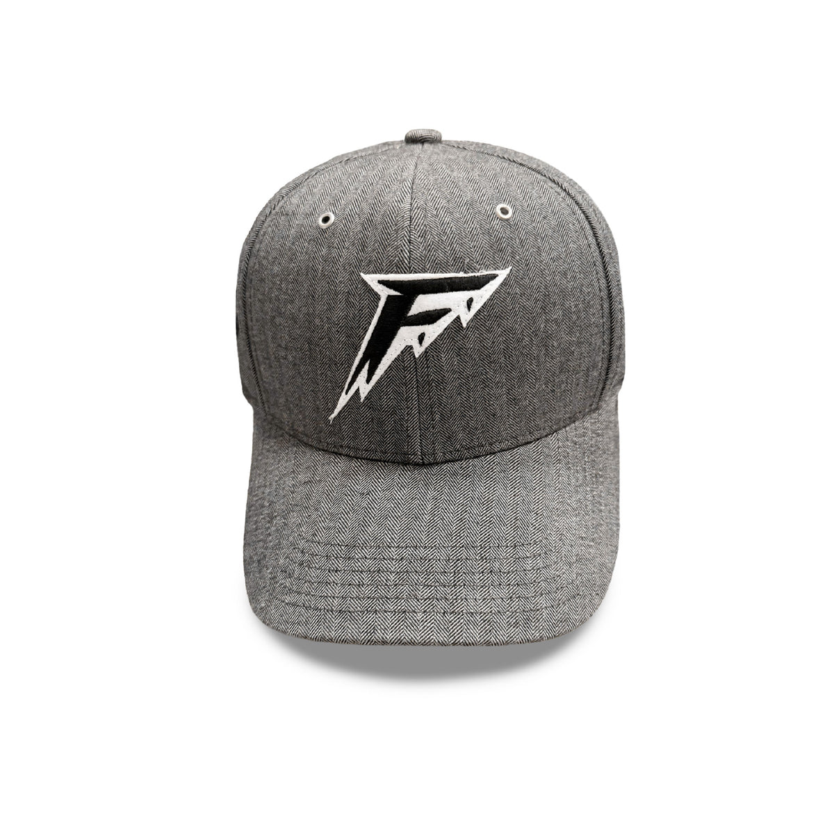A heather gray snapback cap featuring a stylized white and black 'F' logo embroidered on the front, displayed against a clean white background.