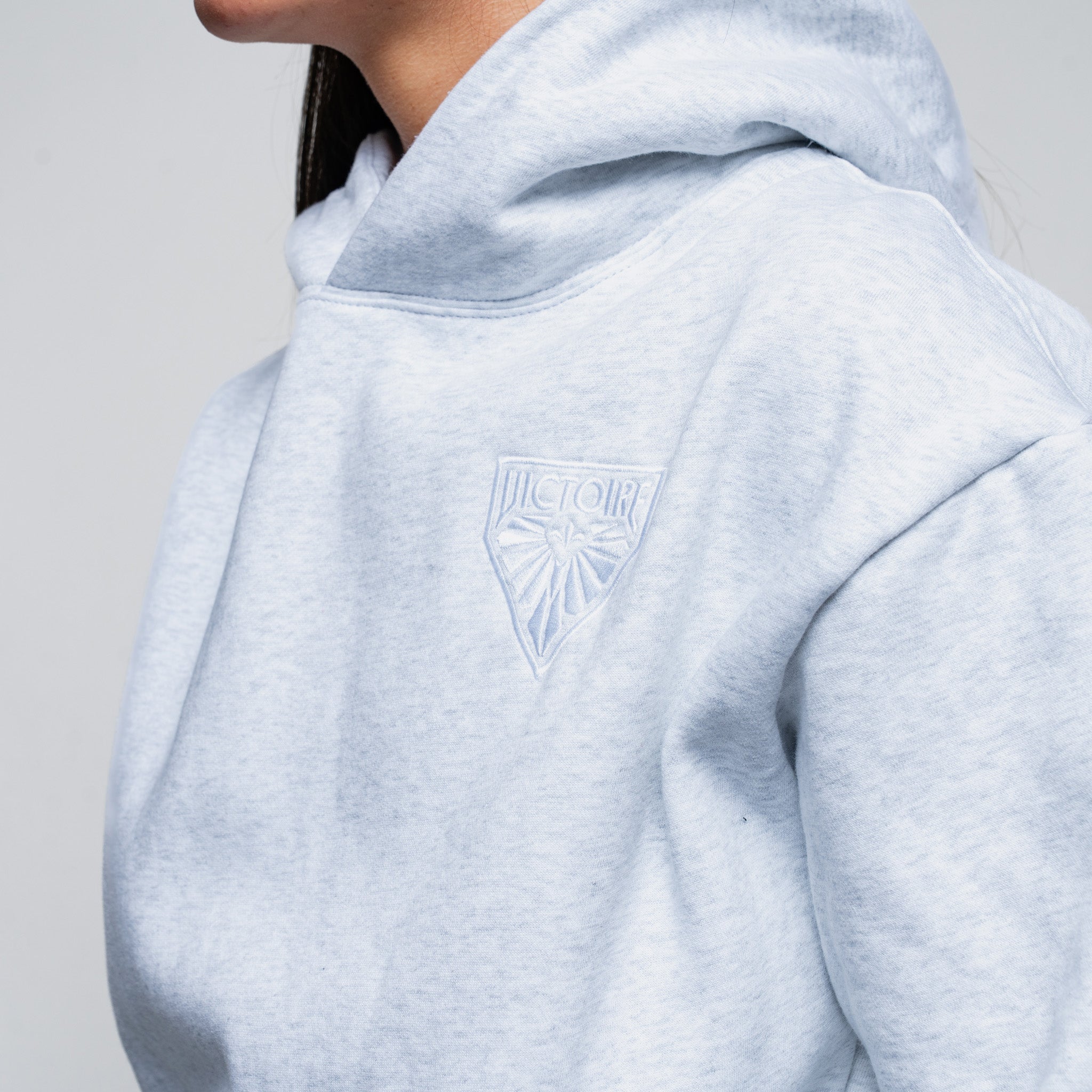 Light grey hoodie with a logo on the chest against a gray background