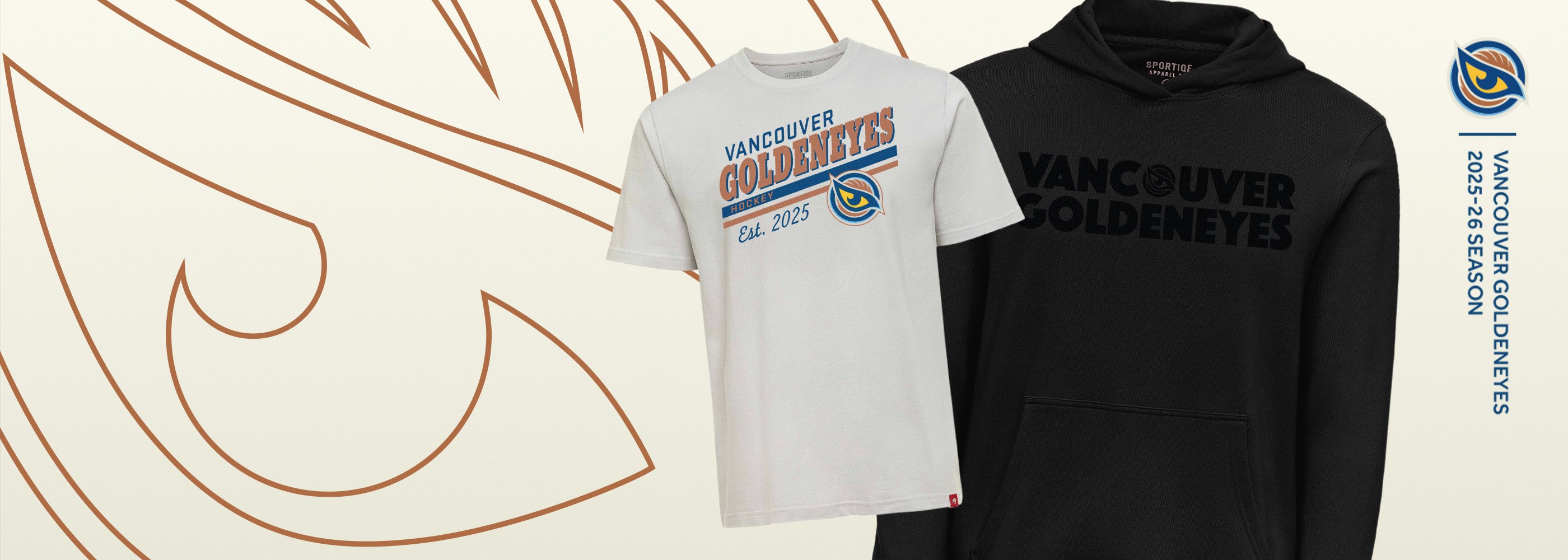 Vancouver Goldeneyes T-Shirt and Hoodie on an off-white background with orange accents