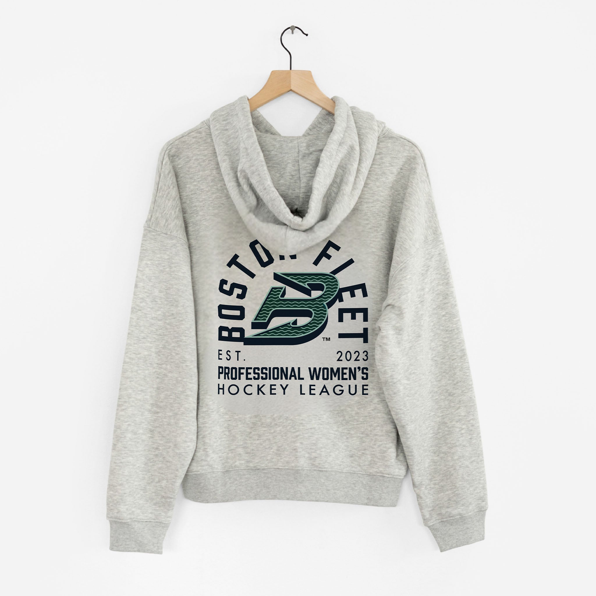 Boston Fleet graphic design on the back of a grey zip-up hoodie