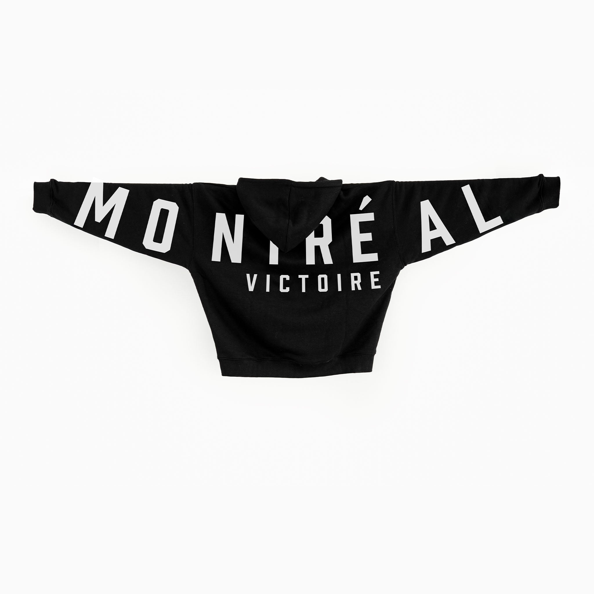 Black hoodie with white text on a white background