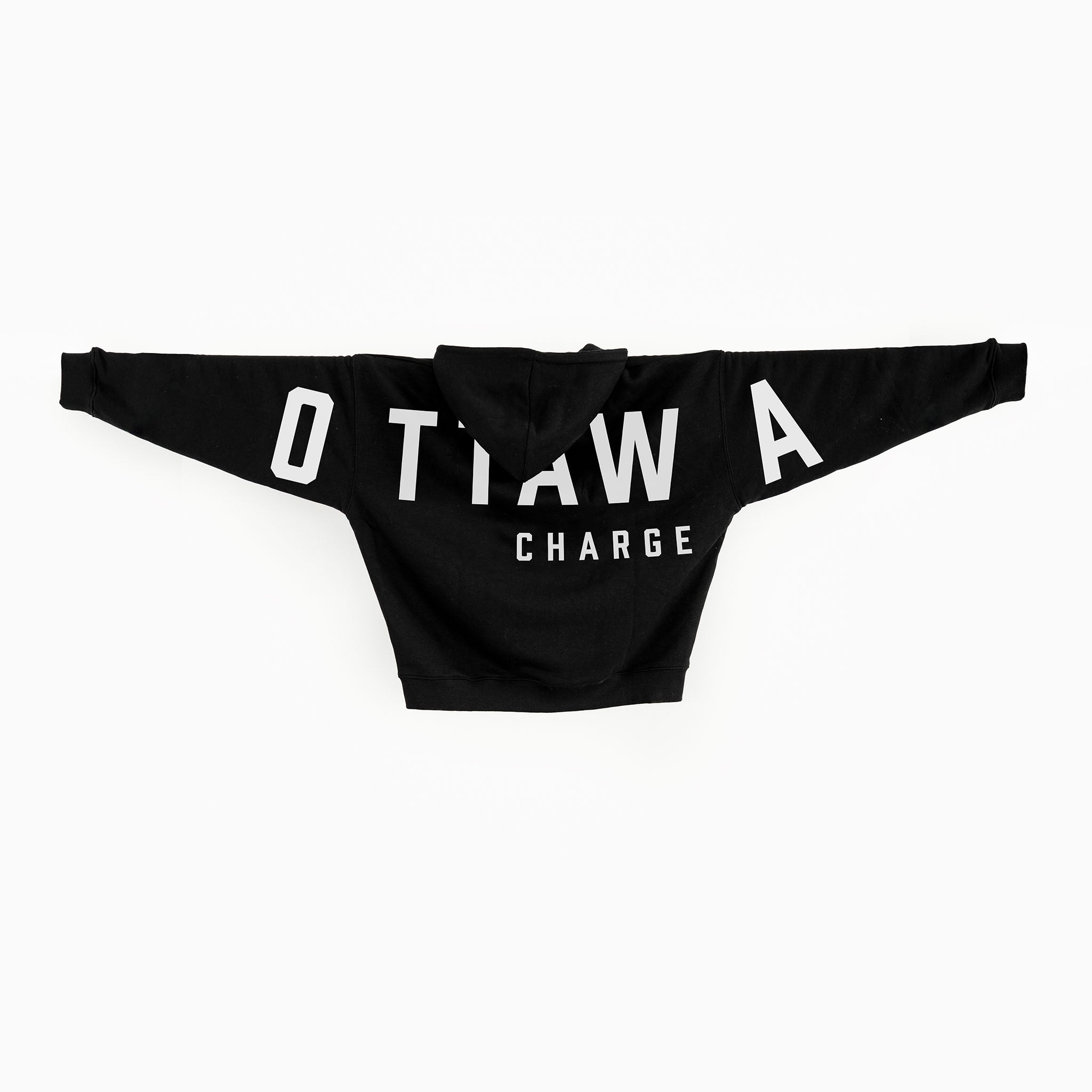 Black hoodie with 'OTTAWA CHARGE' text on a white background