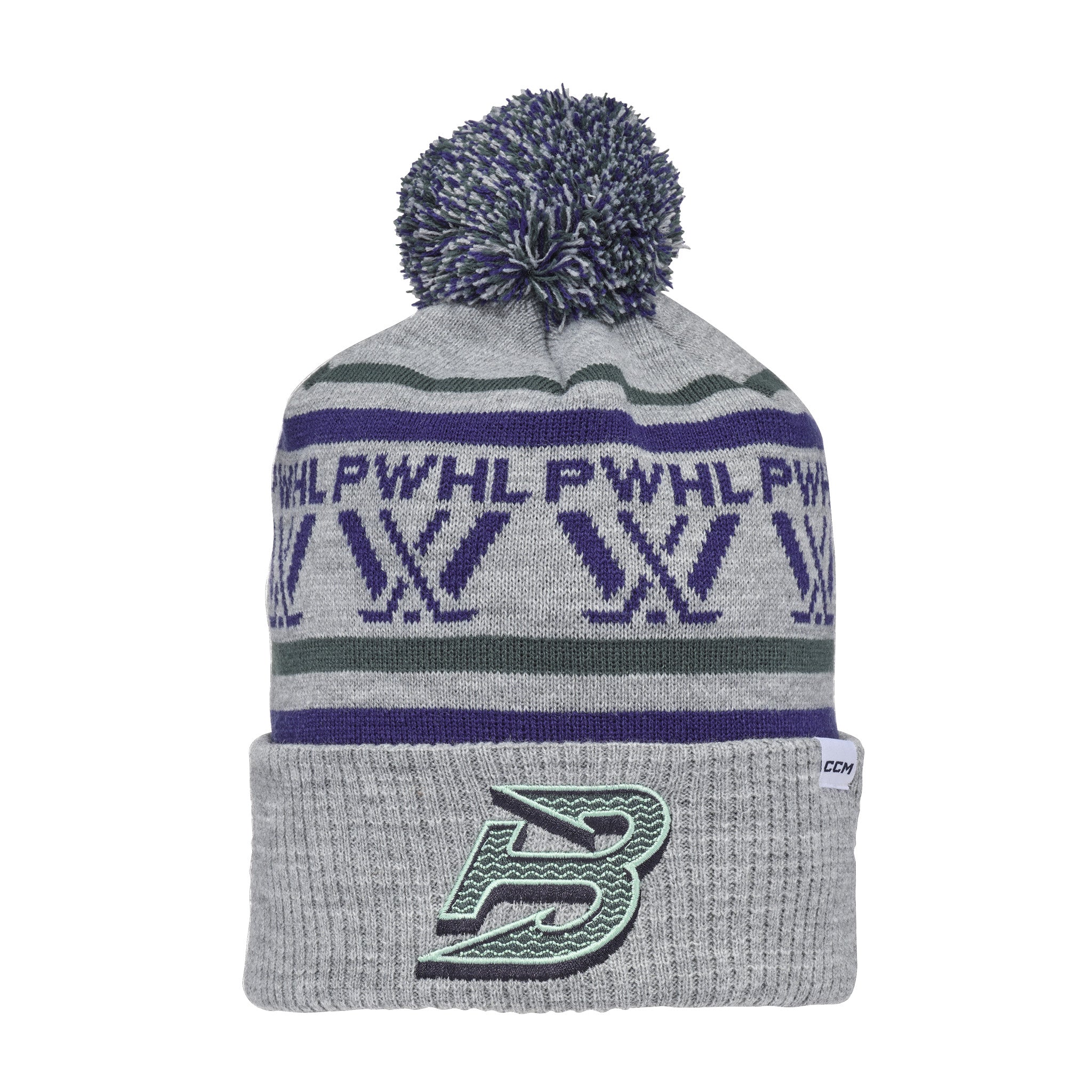 Gray knit beanie with pom-pom and logo on a white background