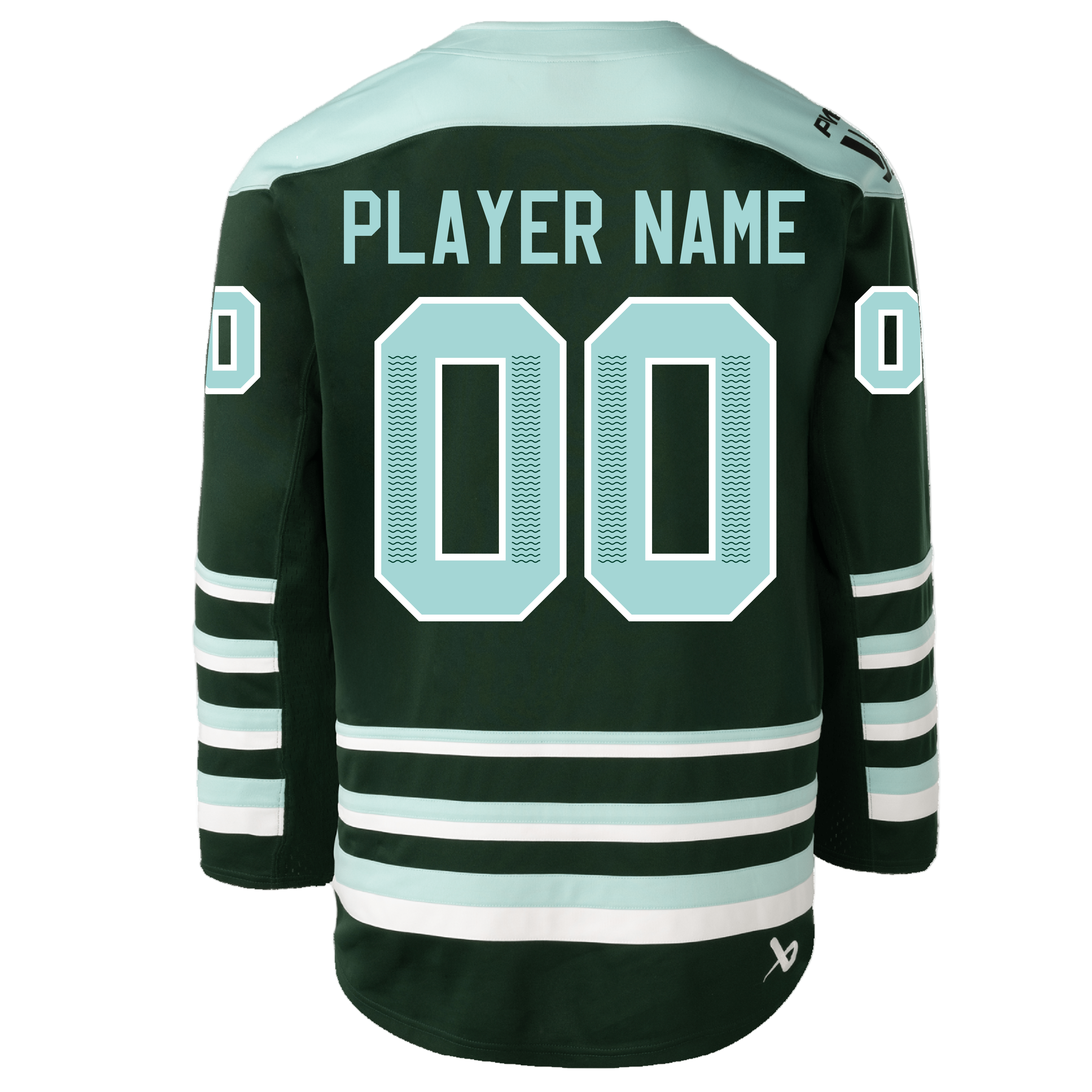 Customizable hockey jersey with 'PLAYER NAME' and '00' on a green and light blue background