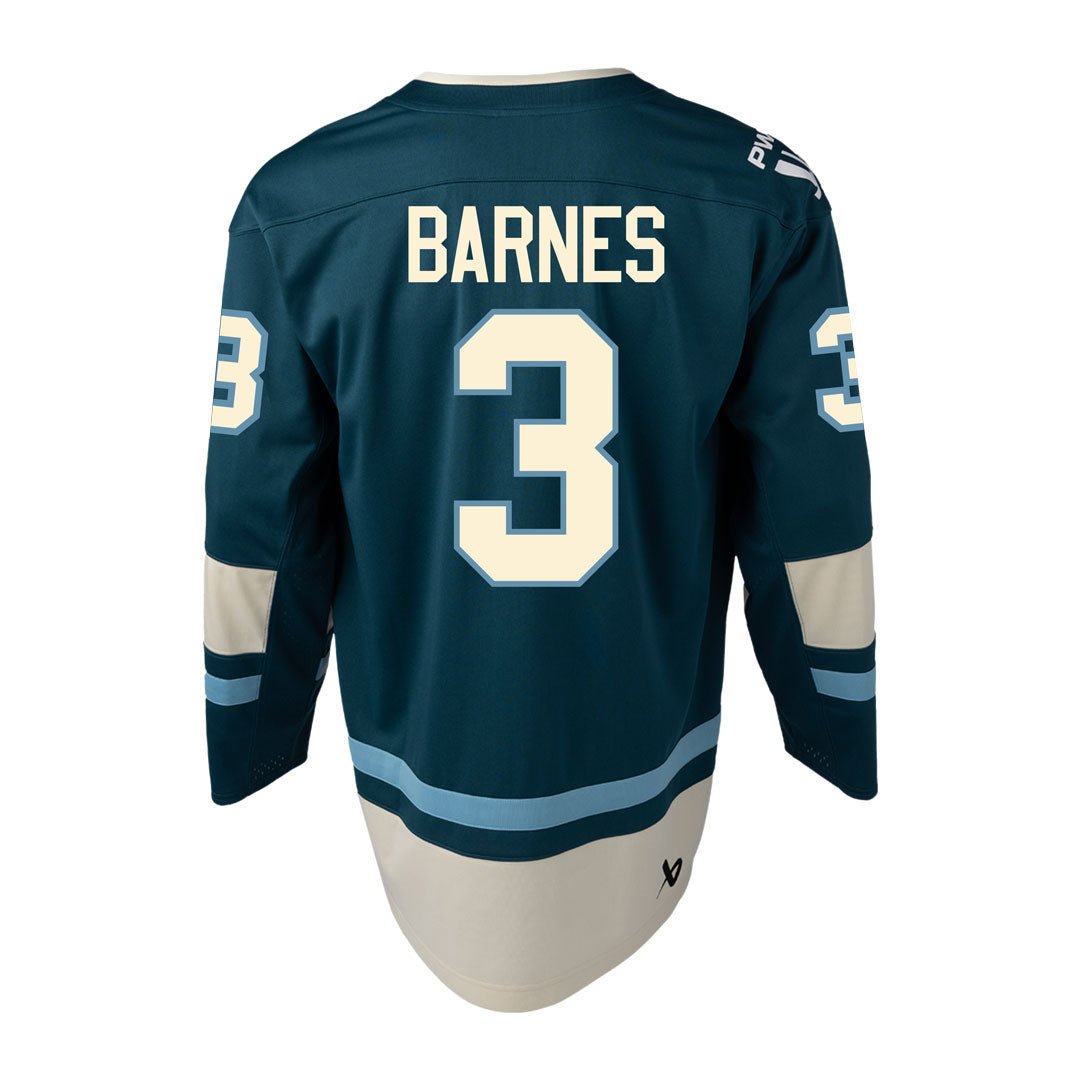 Cayla Barnes 3 PWHL Seattle jersey back - teal color