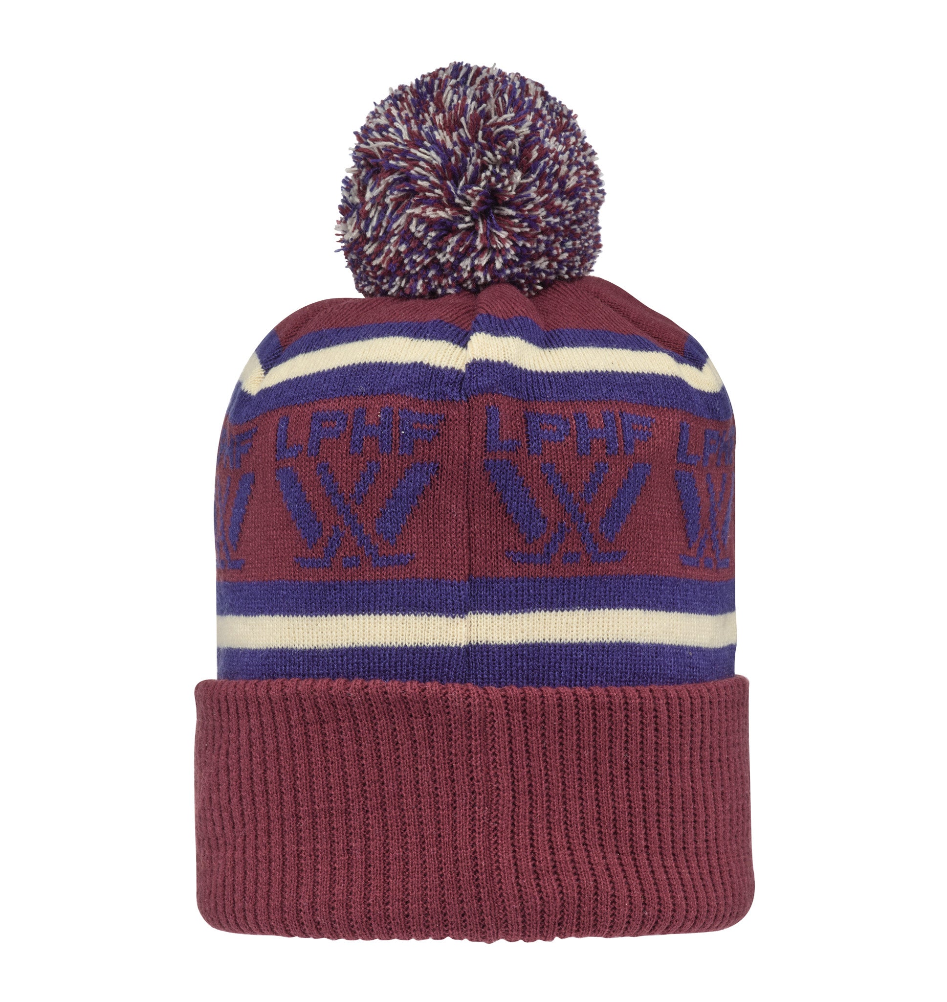 Knitted beanie with pattern and pom-pom on a white background