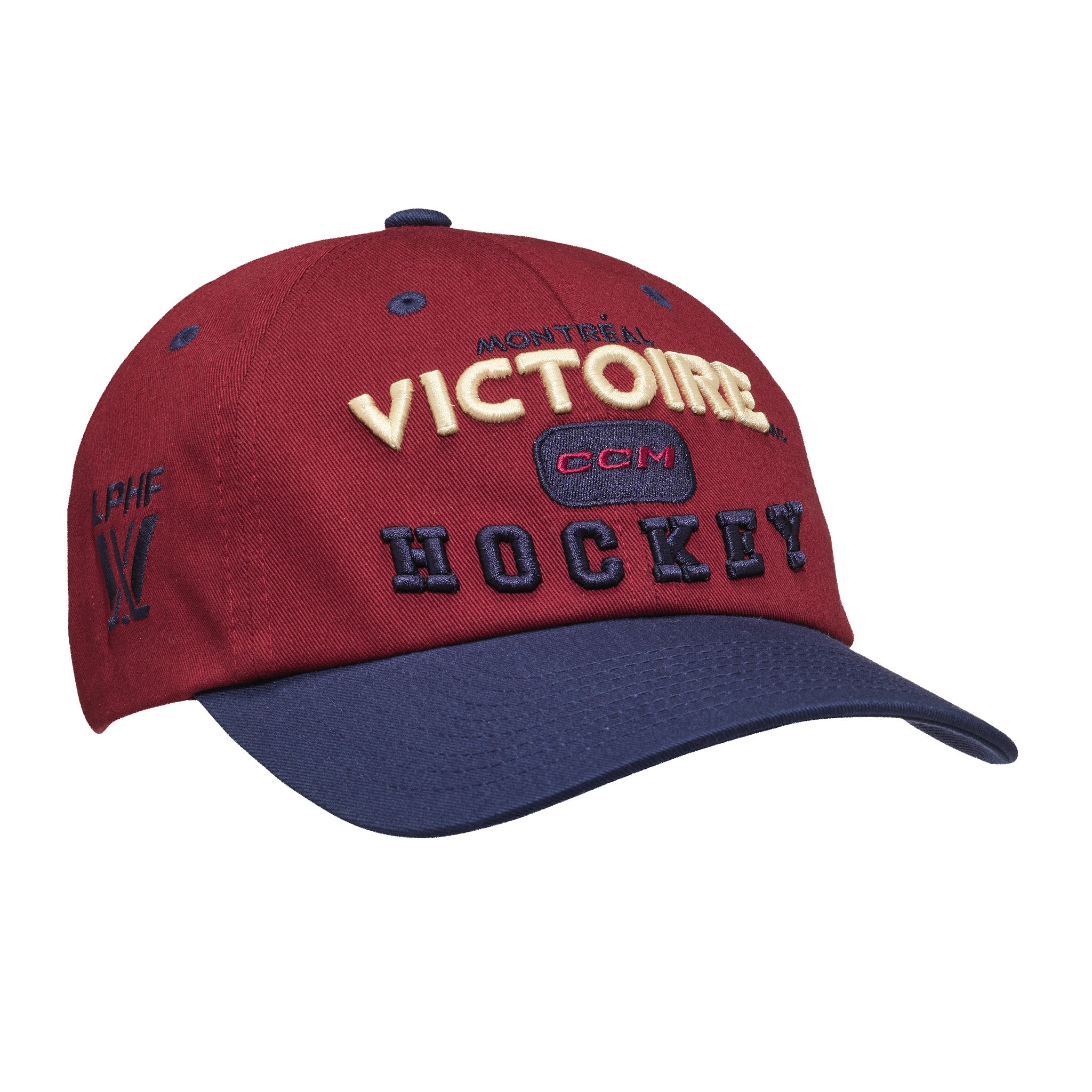 Red and blue hockey cap with 'VICTOIRE' and 'CCM HOCKEY' text on a white background