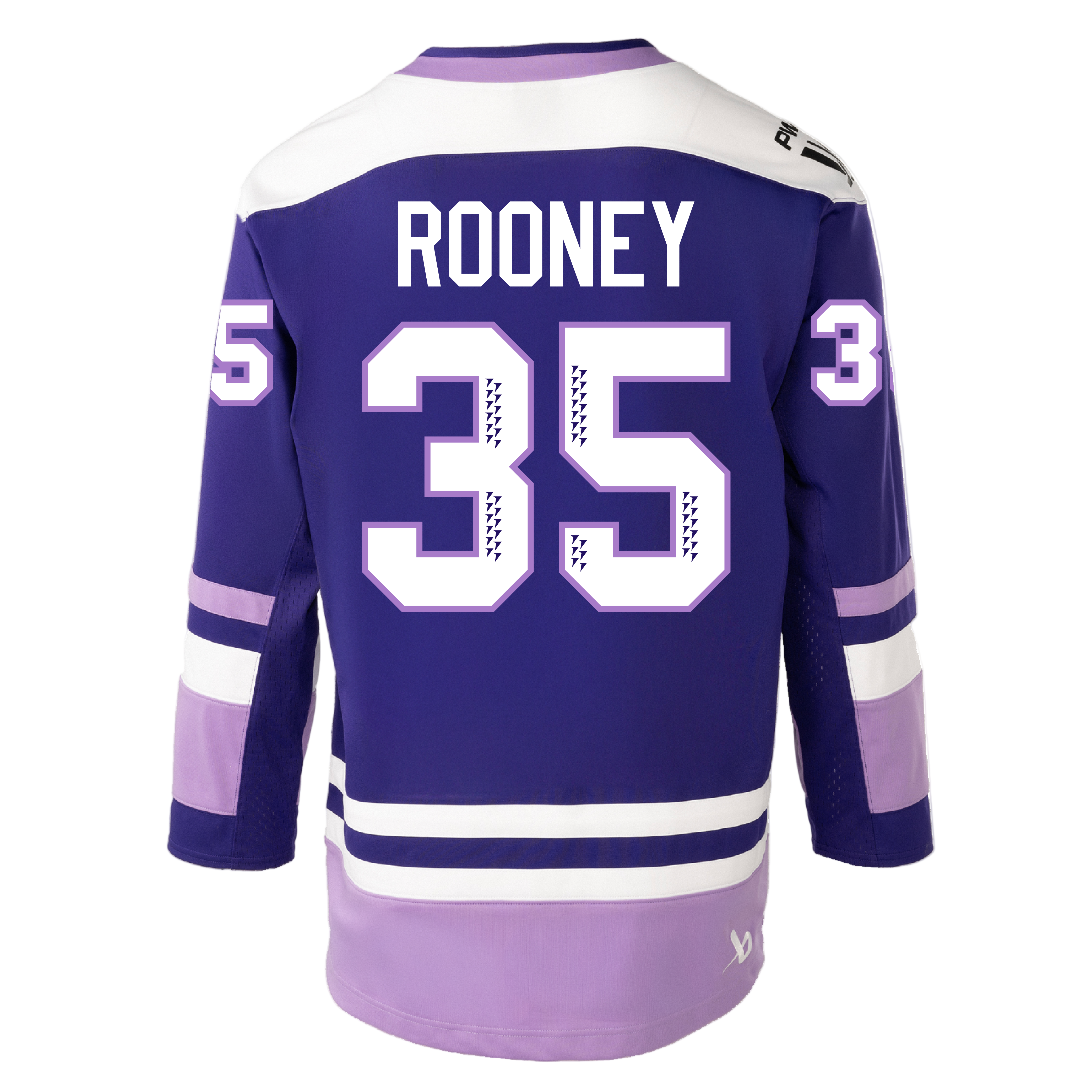 Purple hockey jersey with number 35 and name 'Rooney'