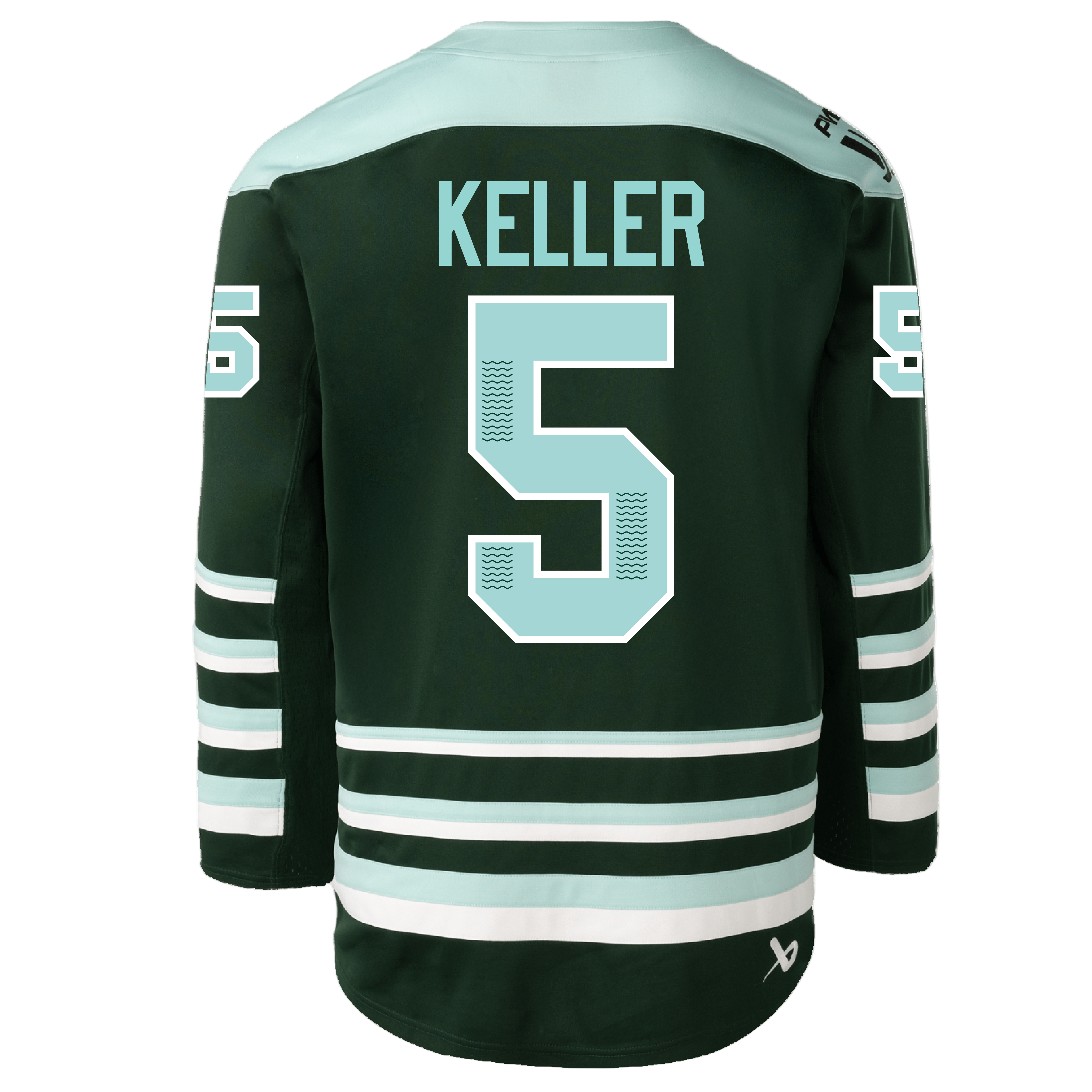 Green hockey jersey with 'Keller' and number '5' on a white background