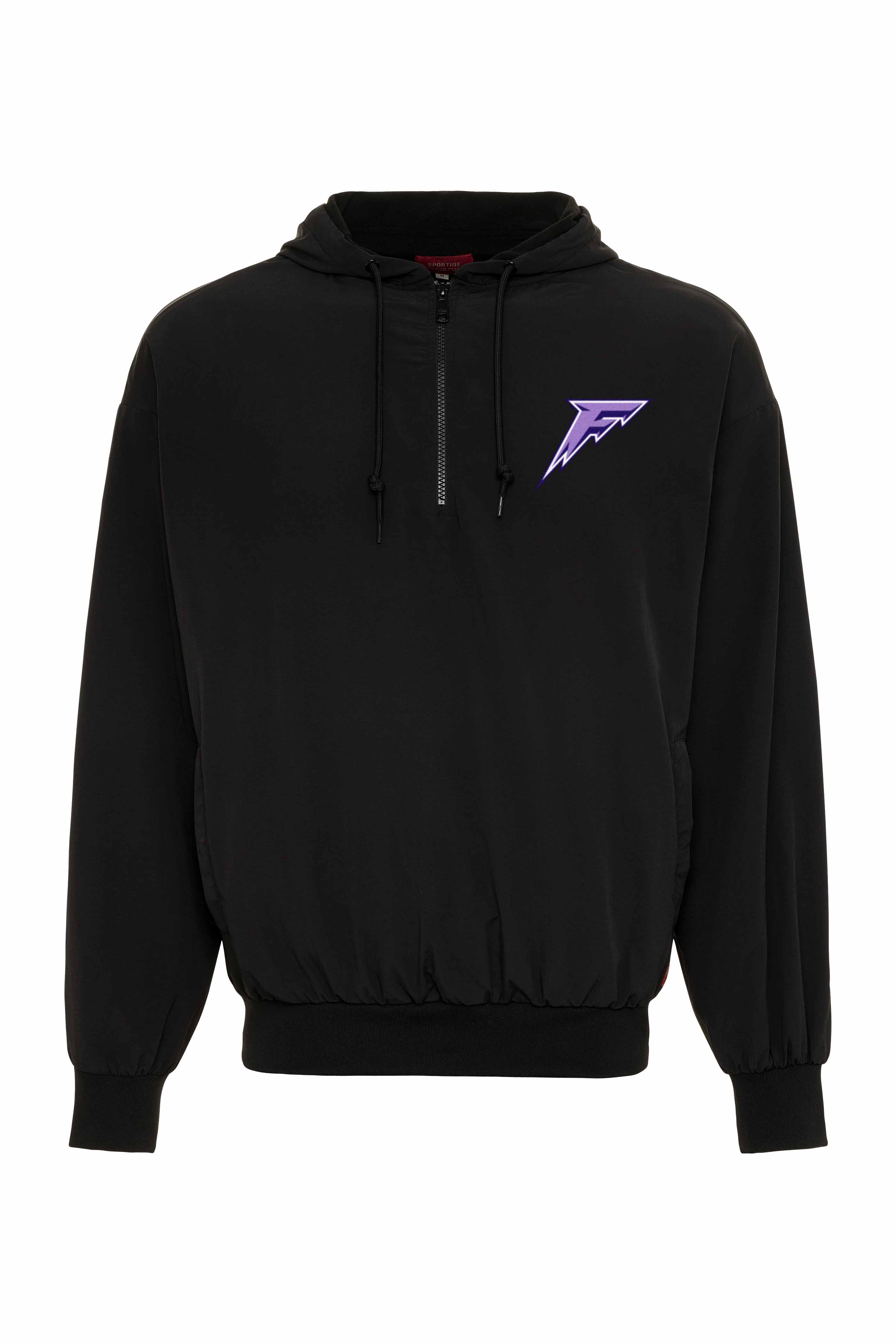 Black hoodie with a purple logo on a white background