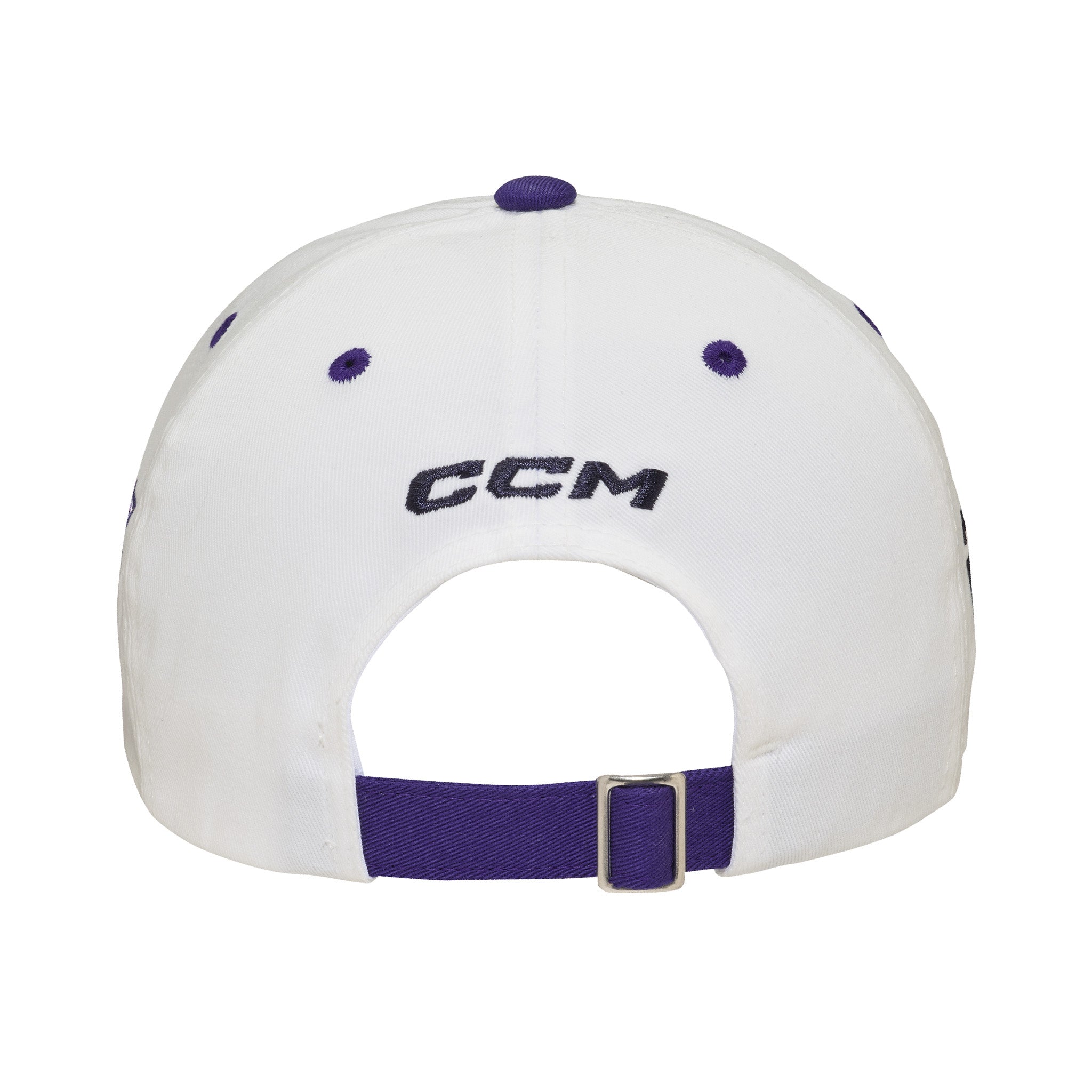 White cap with purple accents and CCM logo on a white background