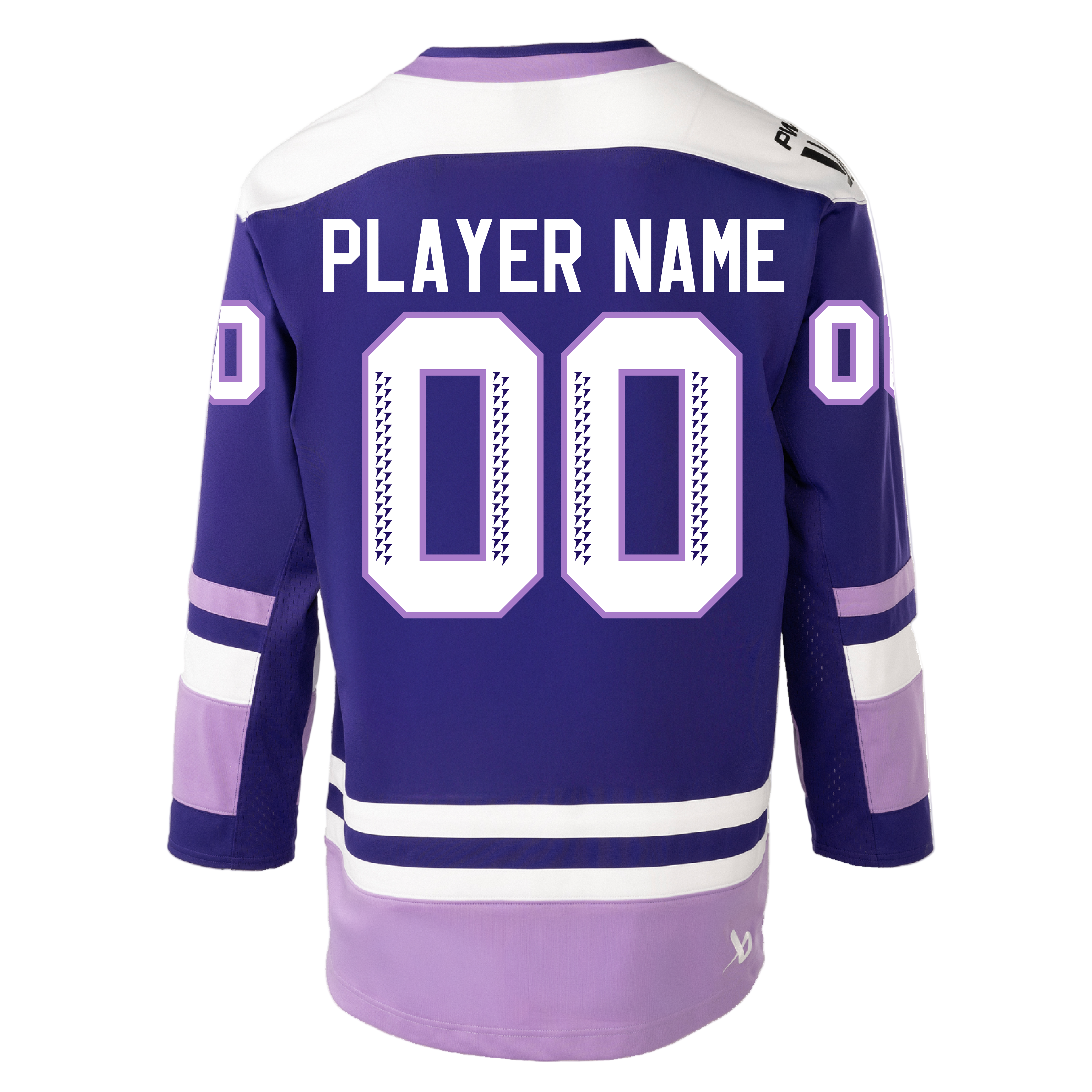 Purple hockey jersey with customizable player name and number on a white background