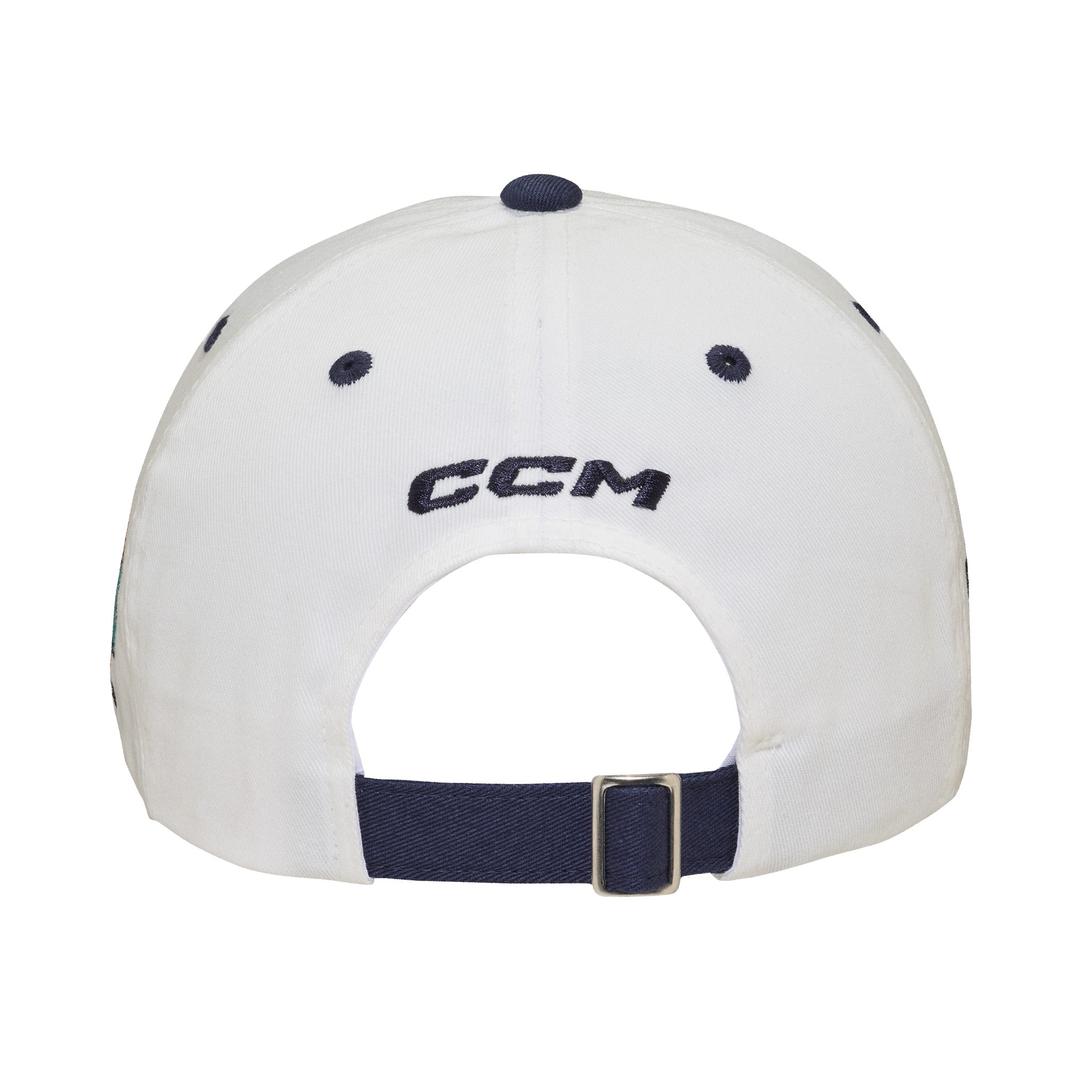 White cap with navy accents and CCM logo on a white background
