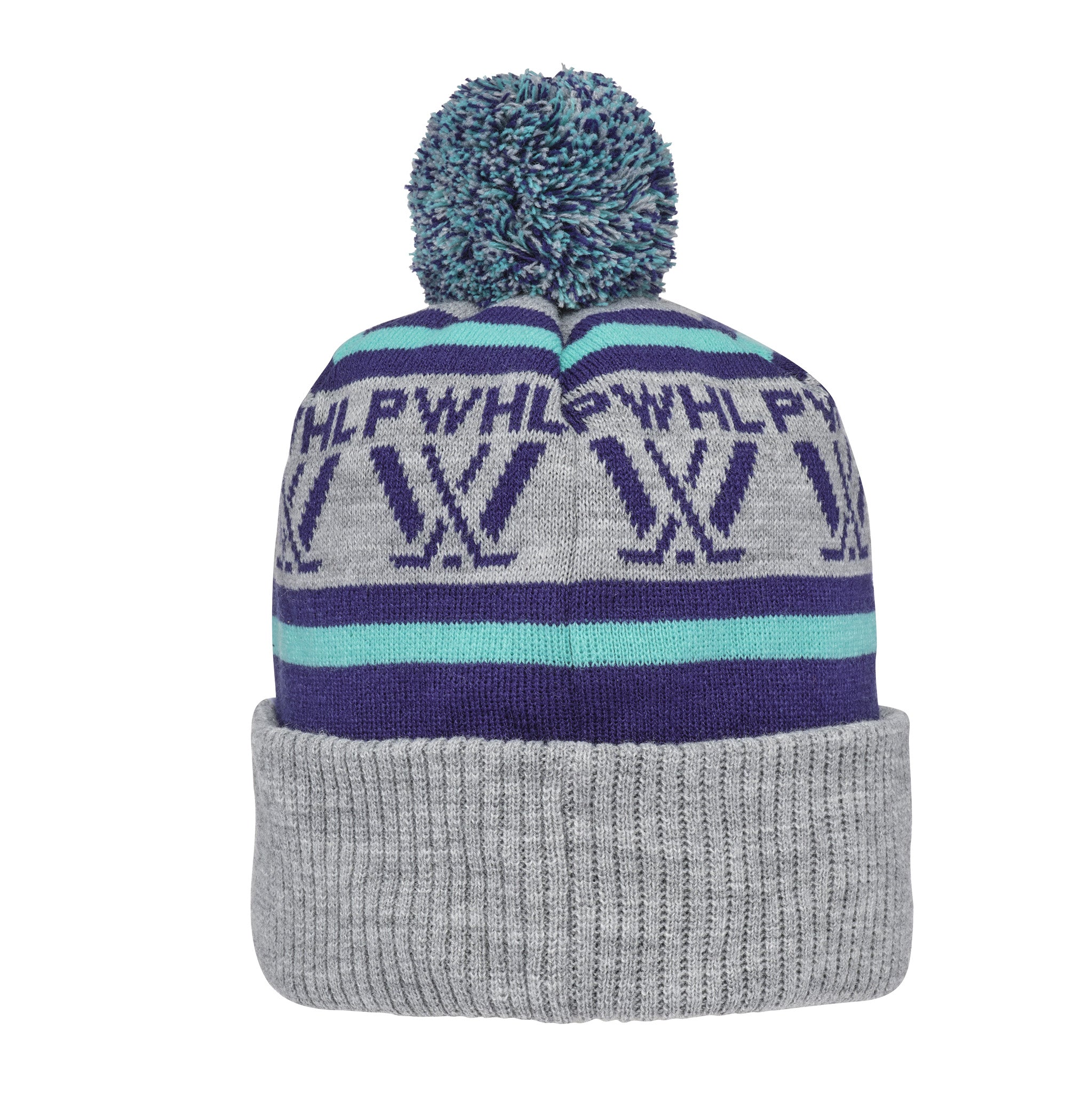Knitted beanie with patterned design and pom-pom on a white background