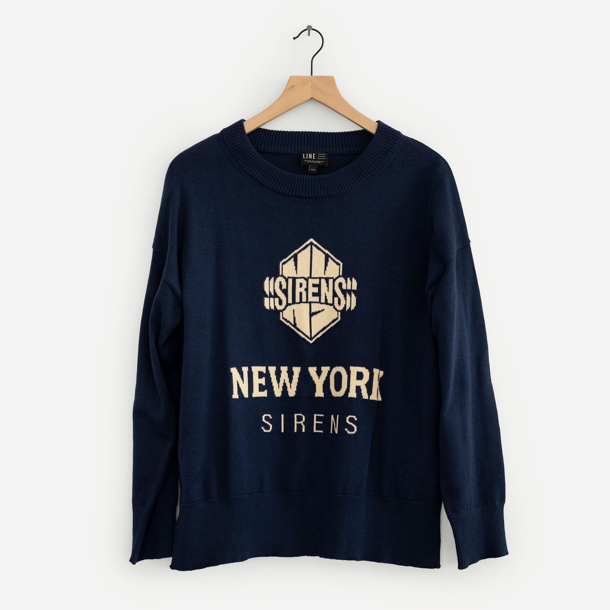 Navy blue sweatshirt with 'New York Sirens' text on a white background