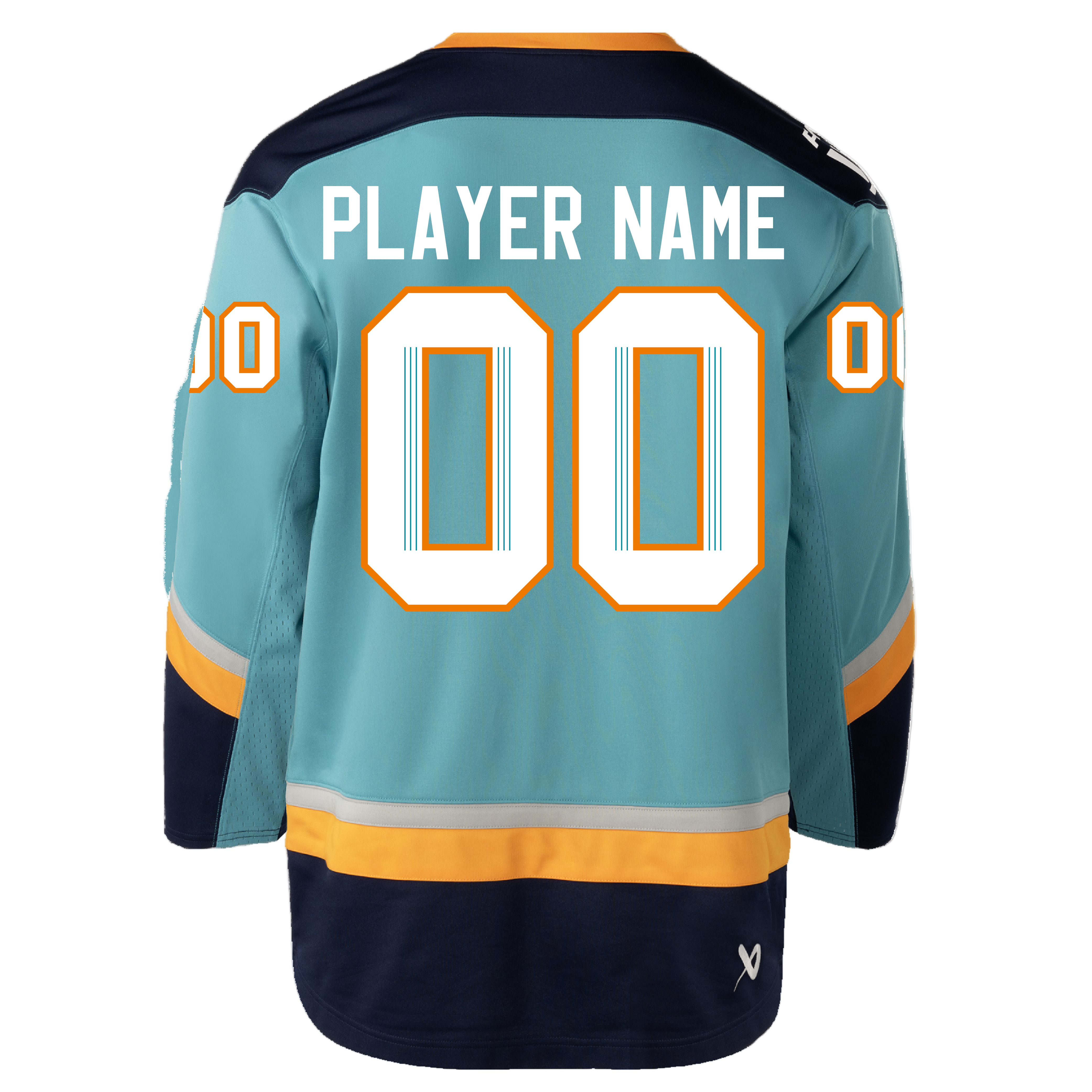 Customizable hockey jersey with 'PLAYER NAME' and '00' on a teal background