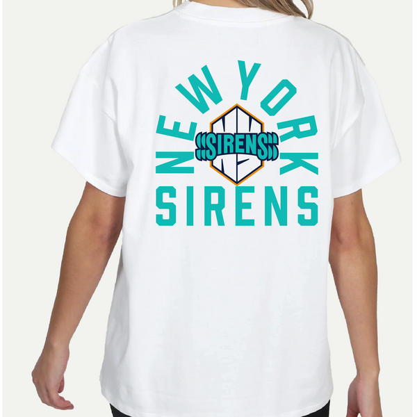 New York Sirens T-shirt – White base with teal and black print, back view showcasing large team name and logo centered