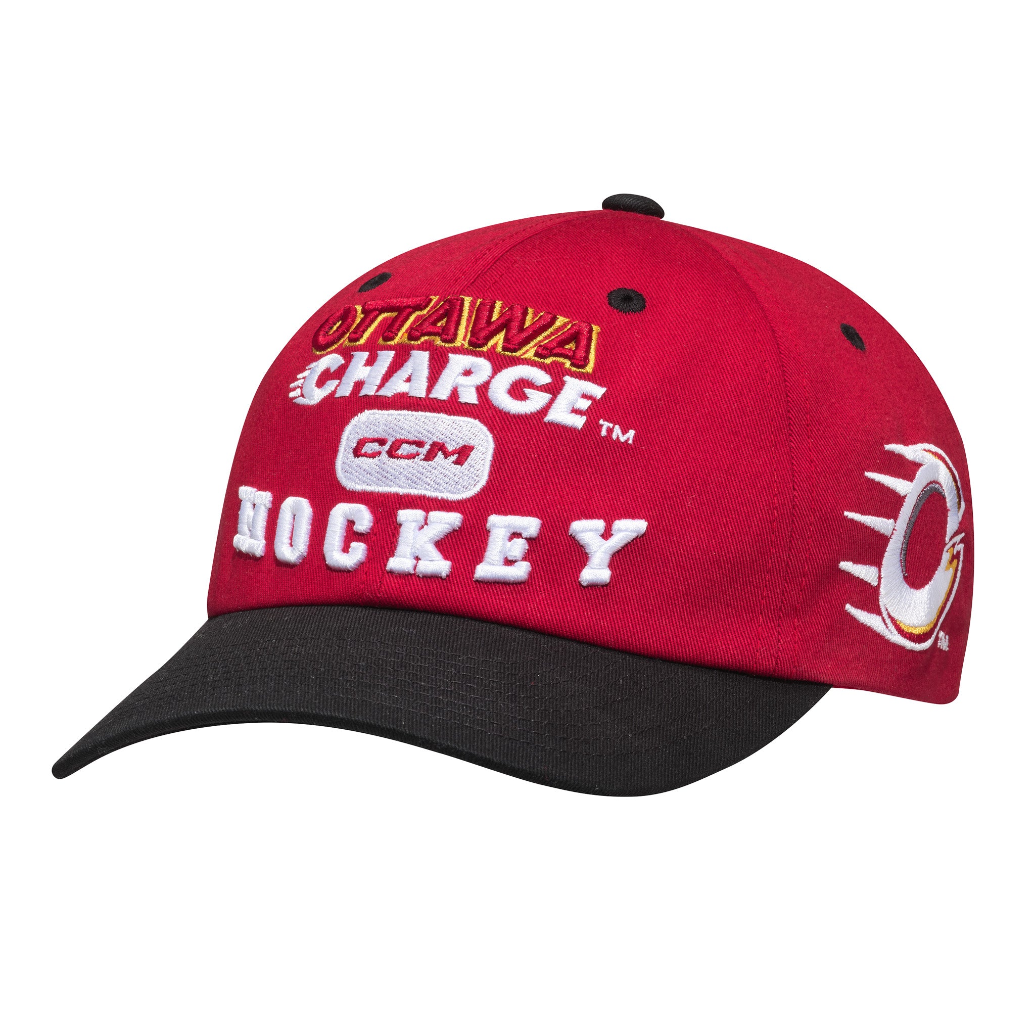 Red and black hockey cap with 'Ottawa Charge Hockey' text and CCM logo on a white background