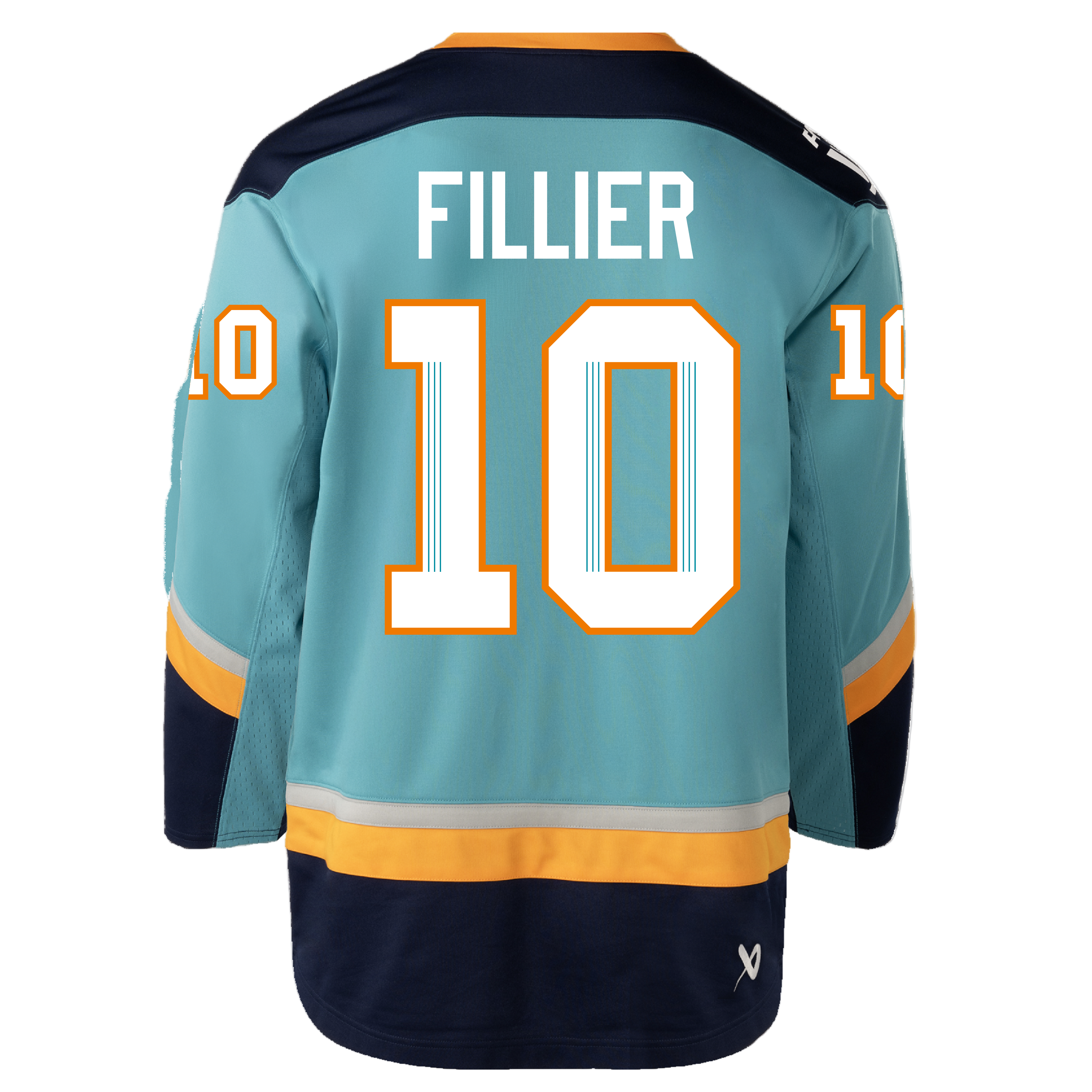 Teal hockey jersey with 'Fillier' and number '10' on a white background