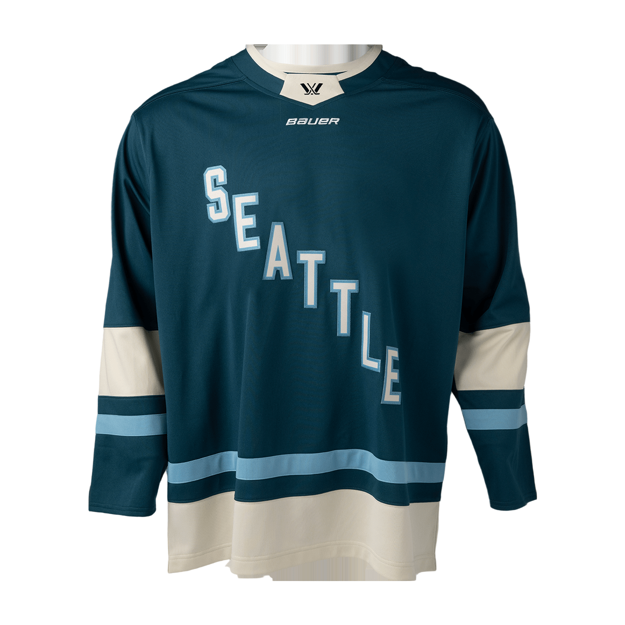 Blue hockey jersey with 'Seattle' text on a white background