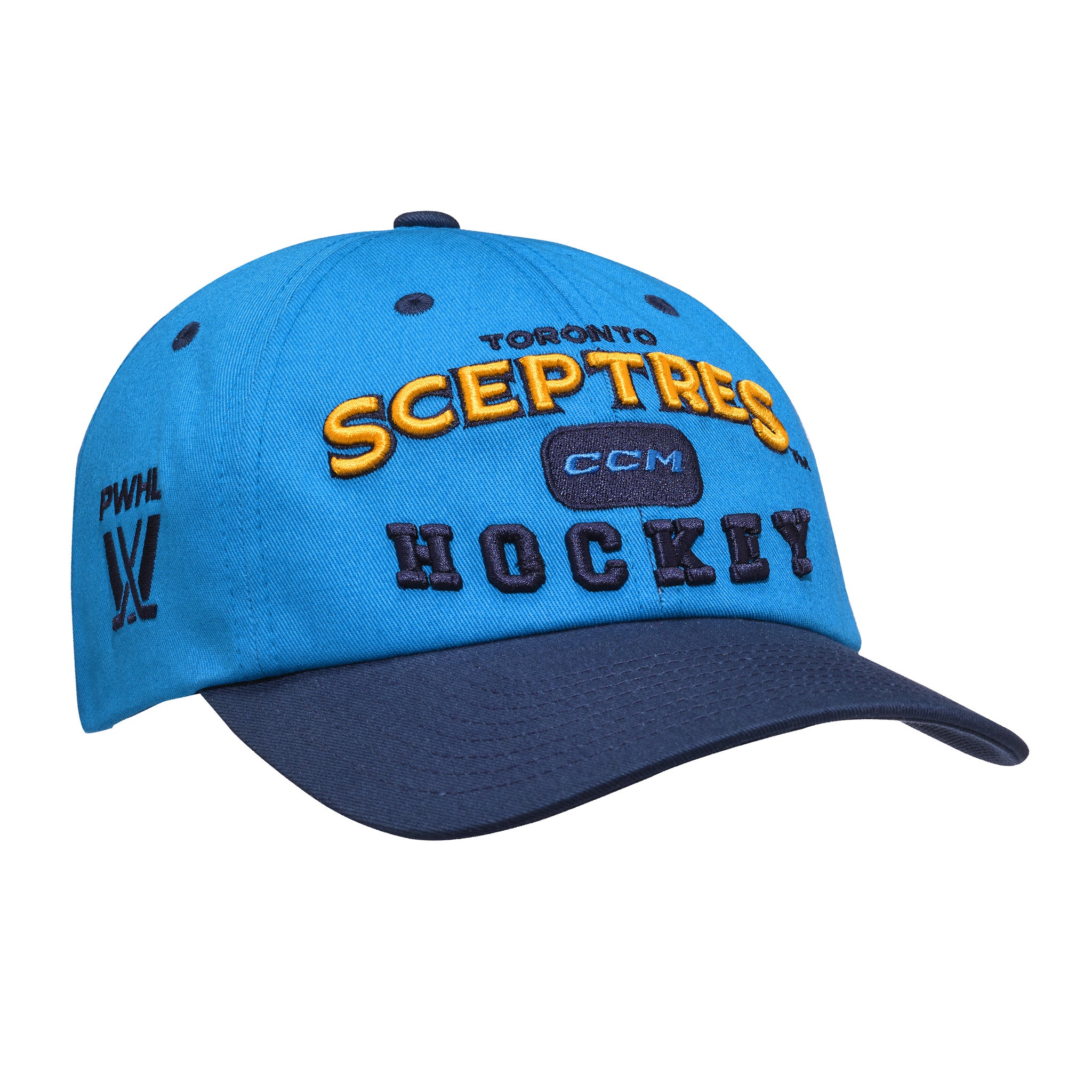 Blue and navy blue cap with 'Toronto Sceptres Hockey' text on a white background