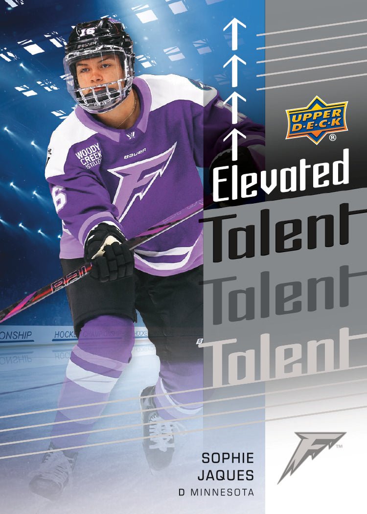 Hockey trading card featuring a player in a purple and white uniform with 'Elevated Talent' text and Upper Deck logo.