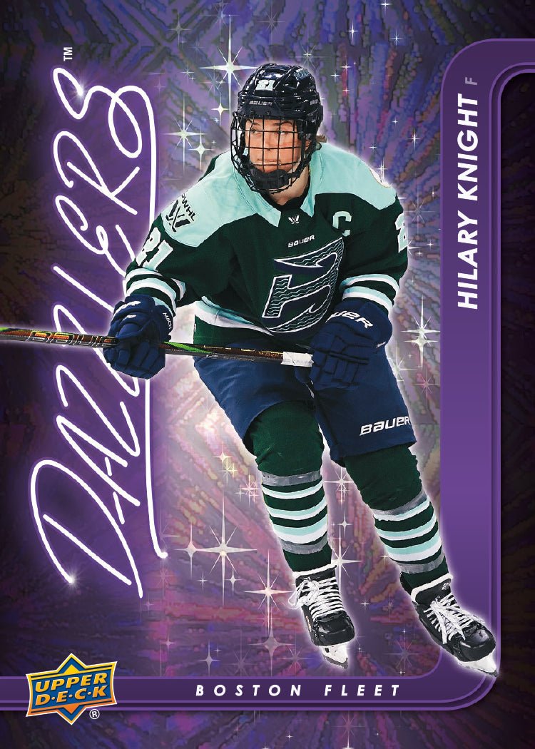 Hockey trading card of Hilary Knight with a blue and purple border, featuring the Dallas Stars logo.