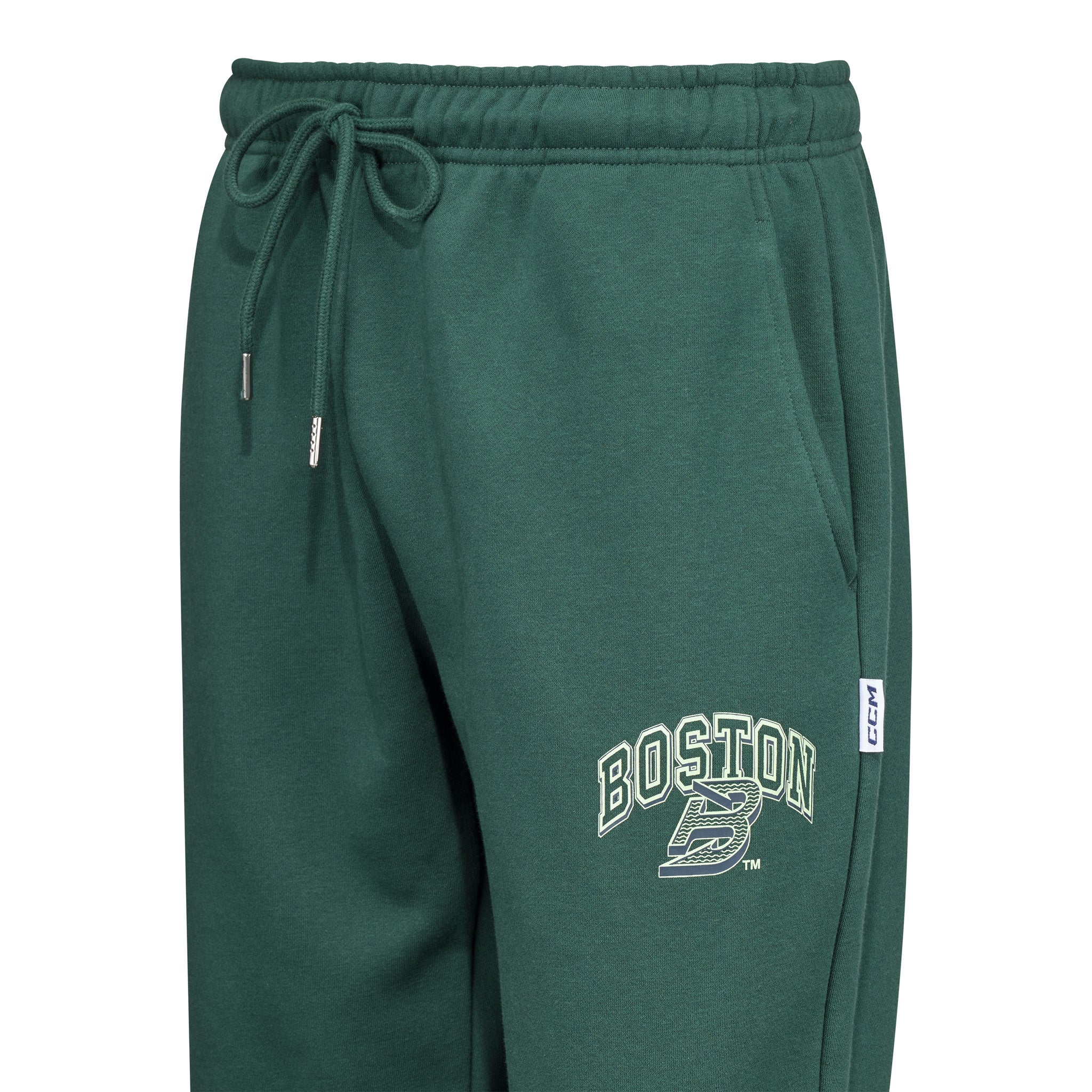 Green sweatpants with 'Boston' logo on a white background