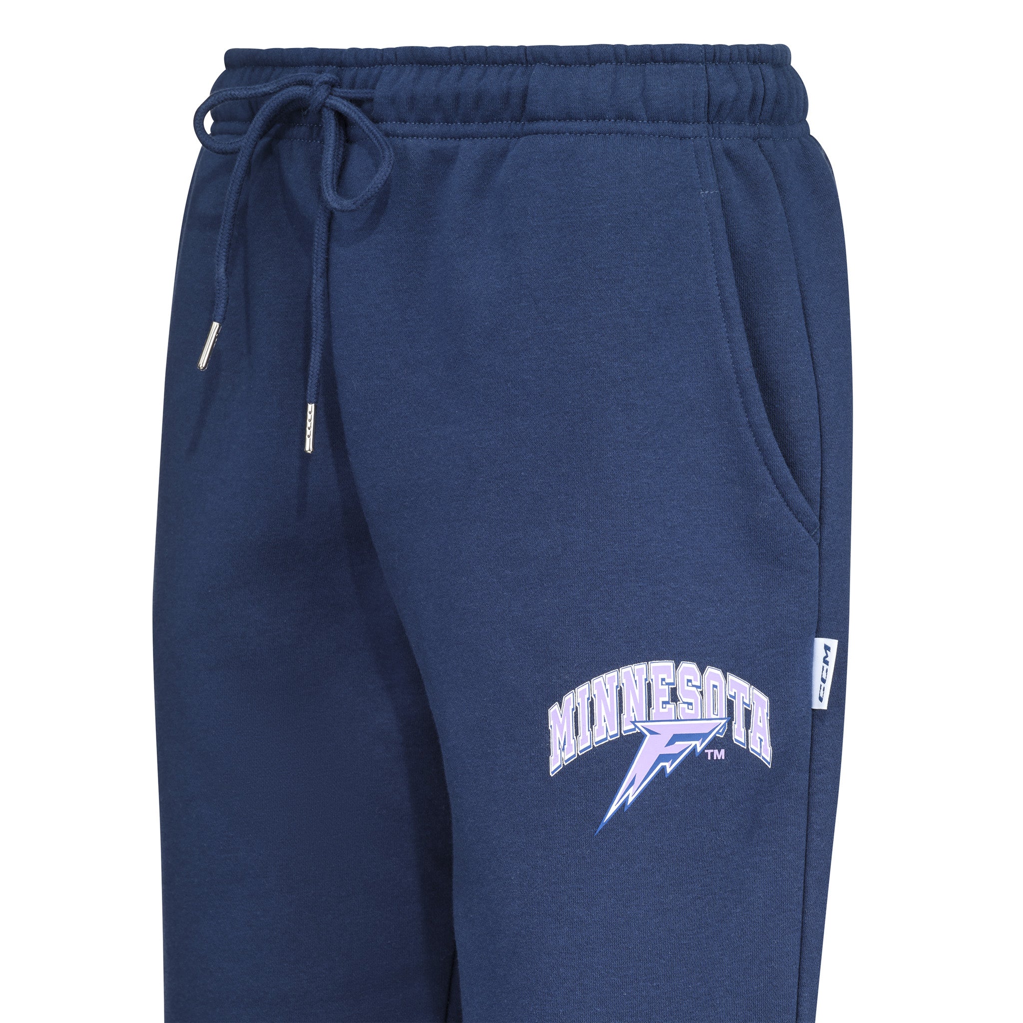 Navy sweatpants with 'Minnesota' logo on a white background