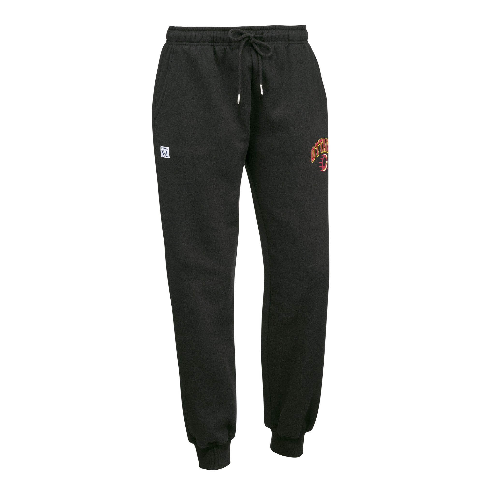 Black sweatpants with a logo on the left leg and another on the right leg against a white background